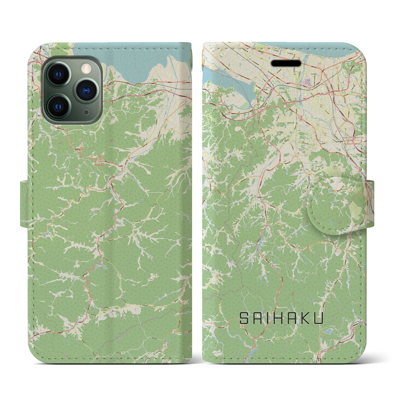 【西伯(鳥取県)】地図柄iPhoneケース(手帳タイプ)ナチュラル・iPhone 11 Pro 用
