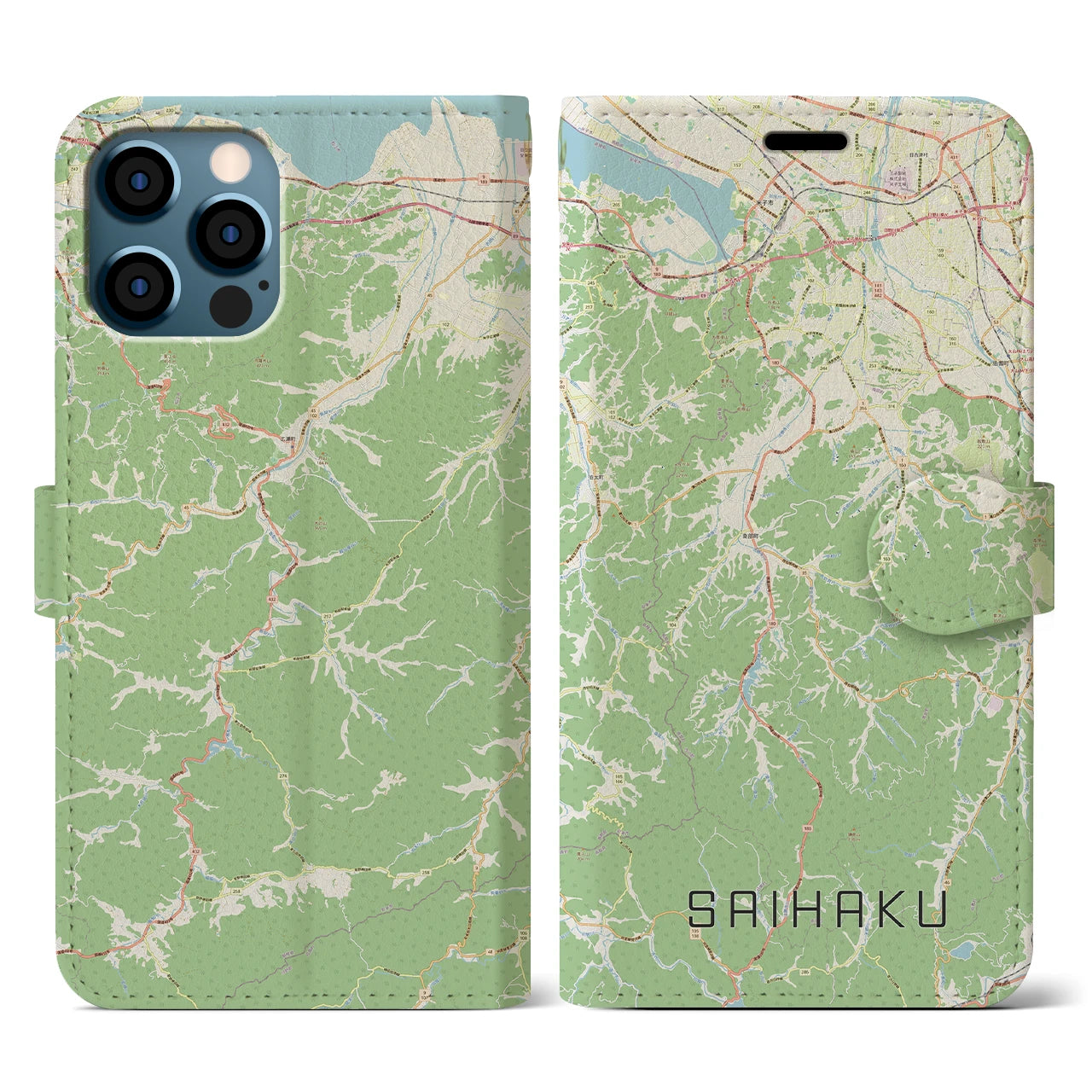 【西伯(鳥取県)】地図柄iPhoneケース(手帳タイプ)ナチュラル・iPhone 12 / 12 Pro 用