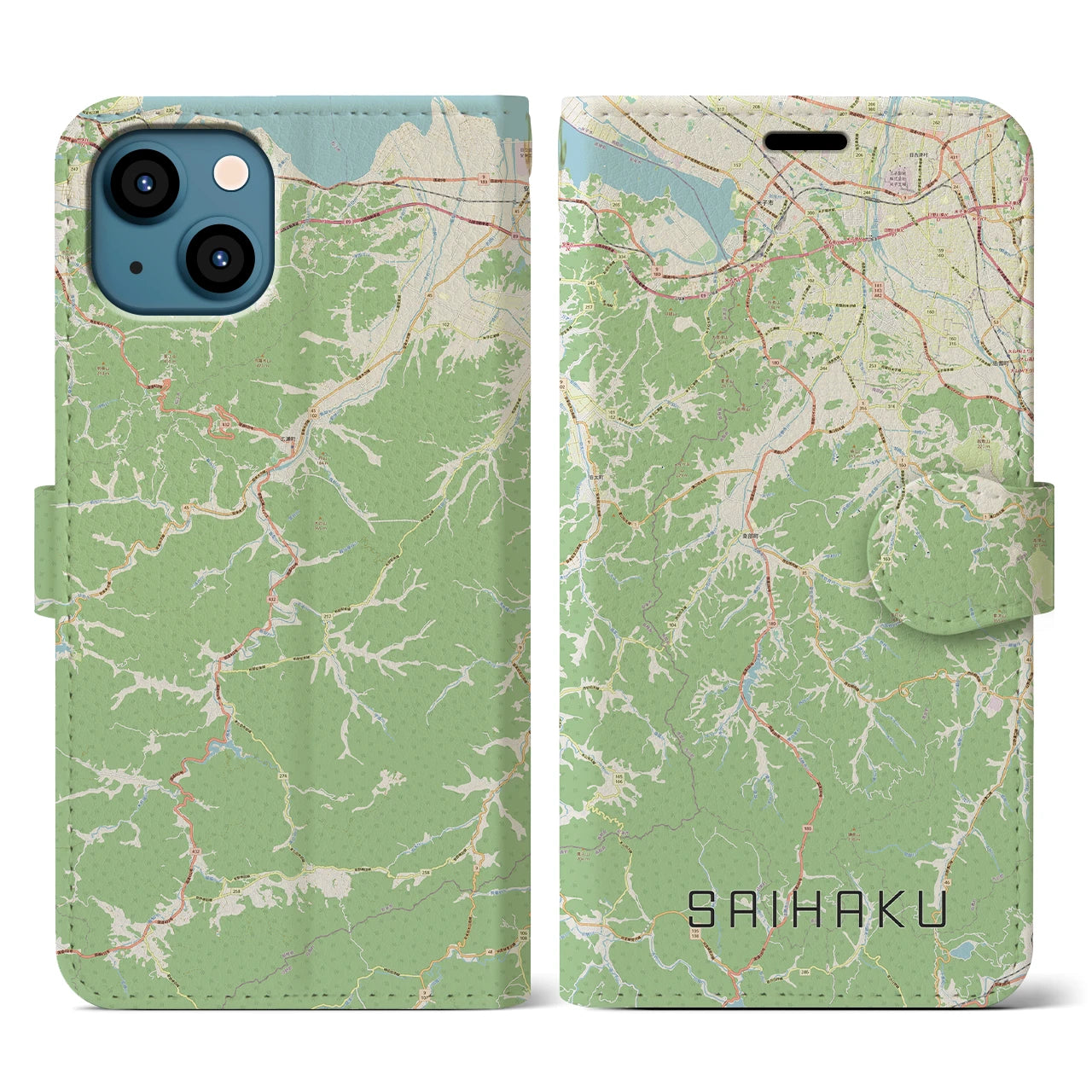 【西伯(鳥取県)】地図柄iPhoneケース(手帳タイプ)ナチュラル・iPhone 13 用