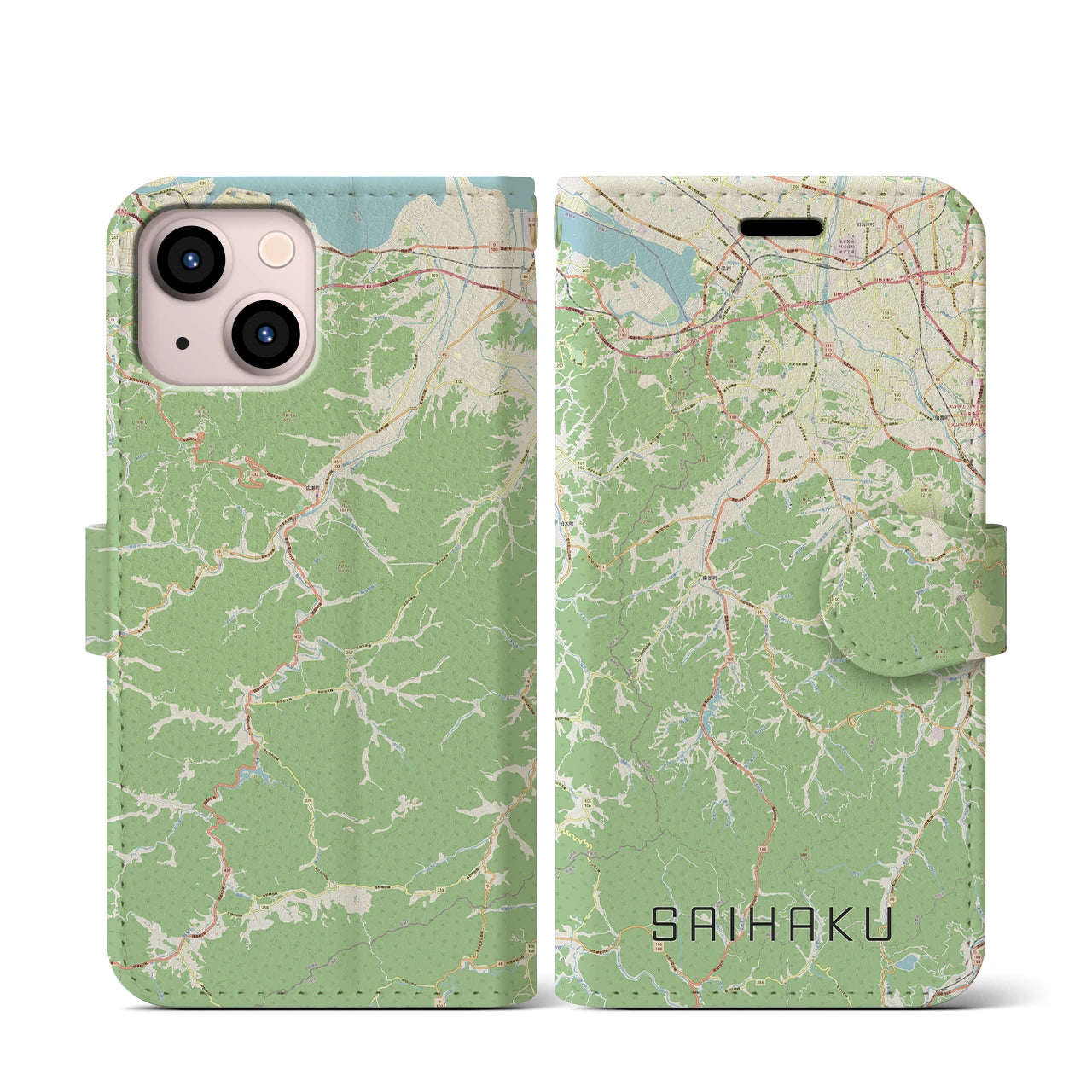 【西伯(鳥取県)】地図柄iPhoneケース(手帳タイプ)ナチュラル・iPhone 13 mini 用