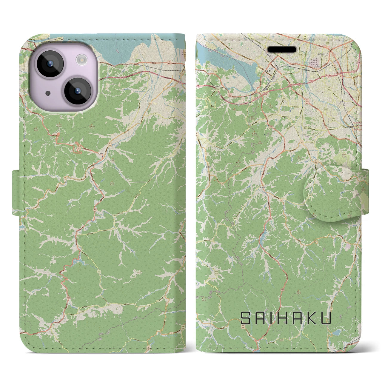 【西伯(鳥取県)】地図柄iPhoneケース(手帳タイプ)ナチュラル・iPhone 14 用