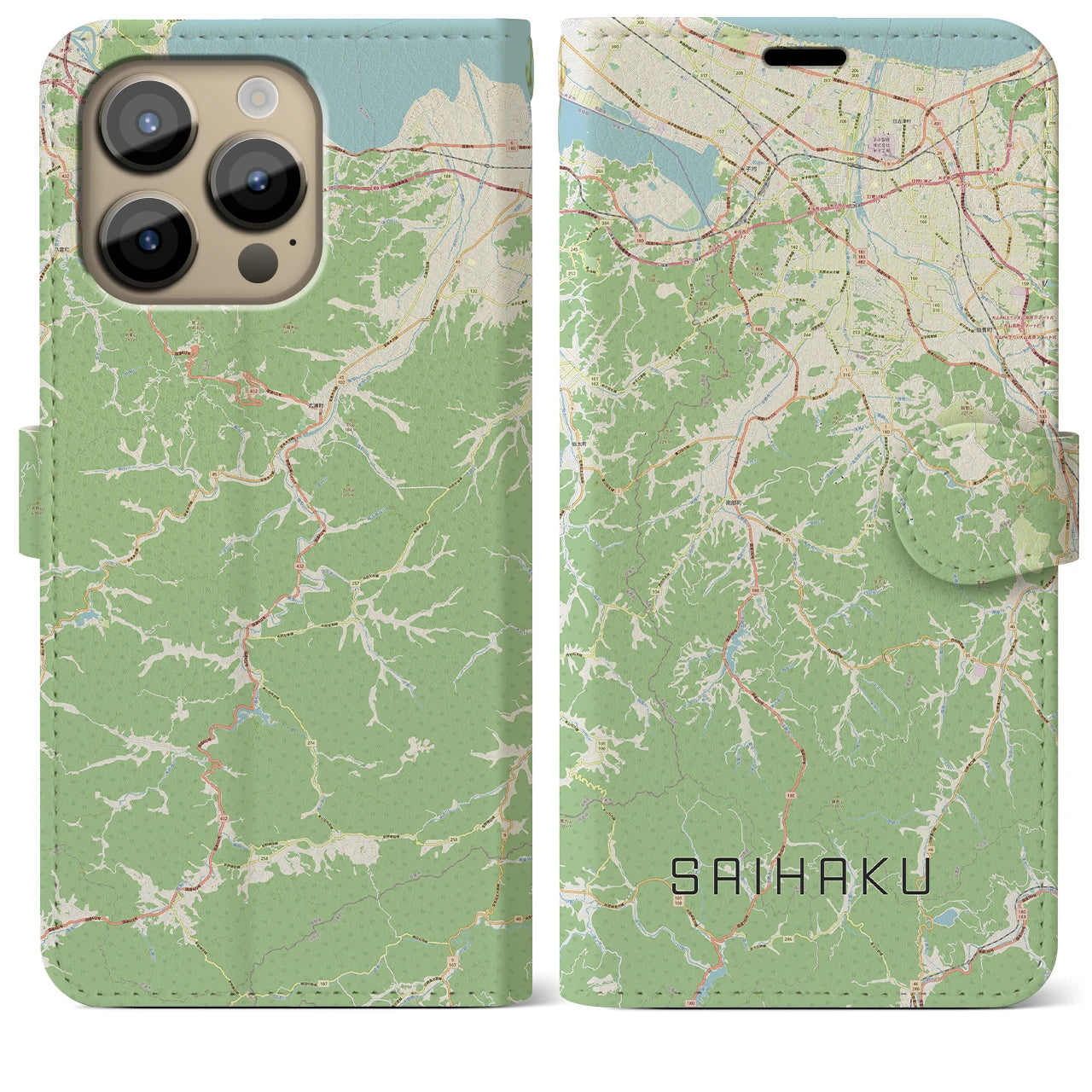 【西伯(鳥取県)】地図柄iPhoneケース(手帳タイプ)ナチュラル・iPhone 14 Pro Max 用
