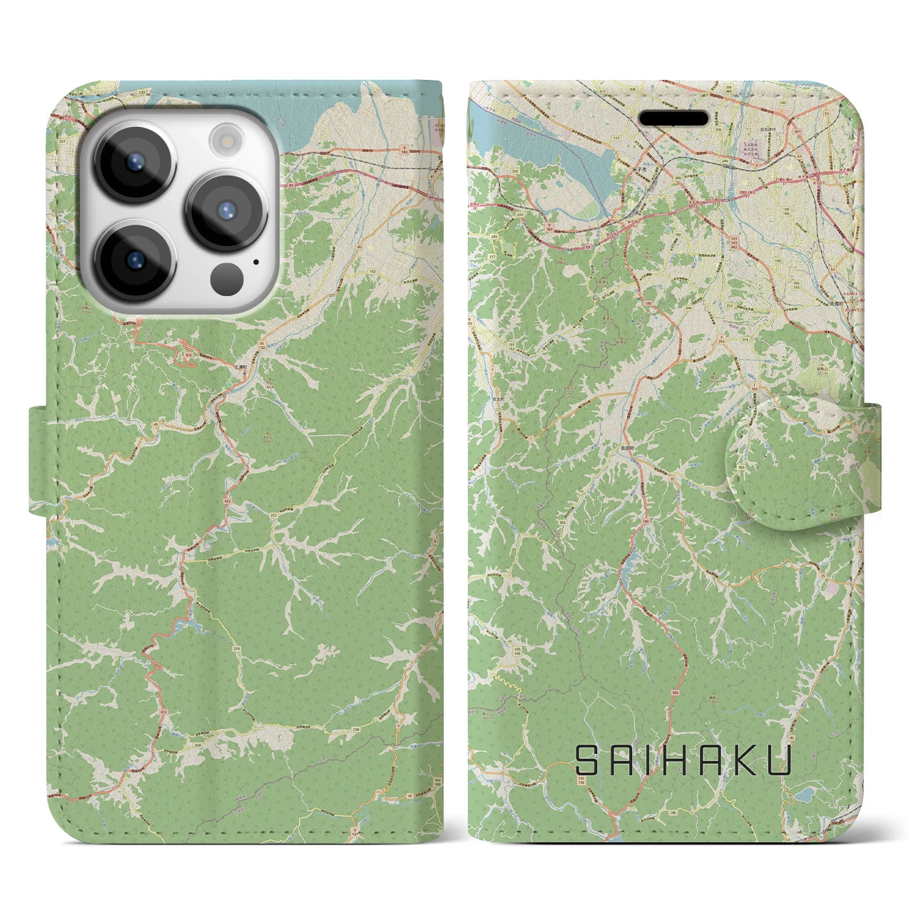 【西伯(鳥取県)】地図柄iPhoneケース(手帳タイプ)ナチュラル・iPhone 14 Pro 用