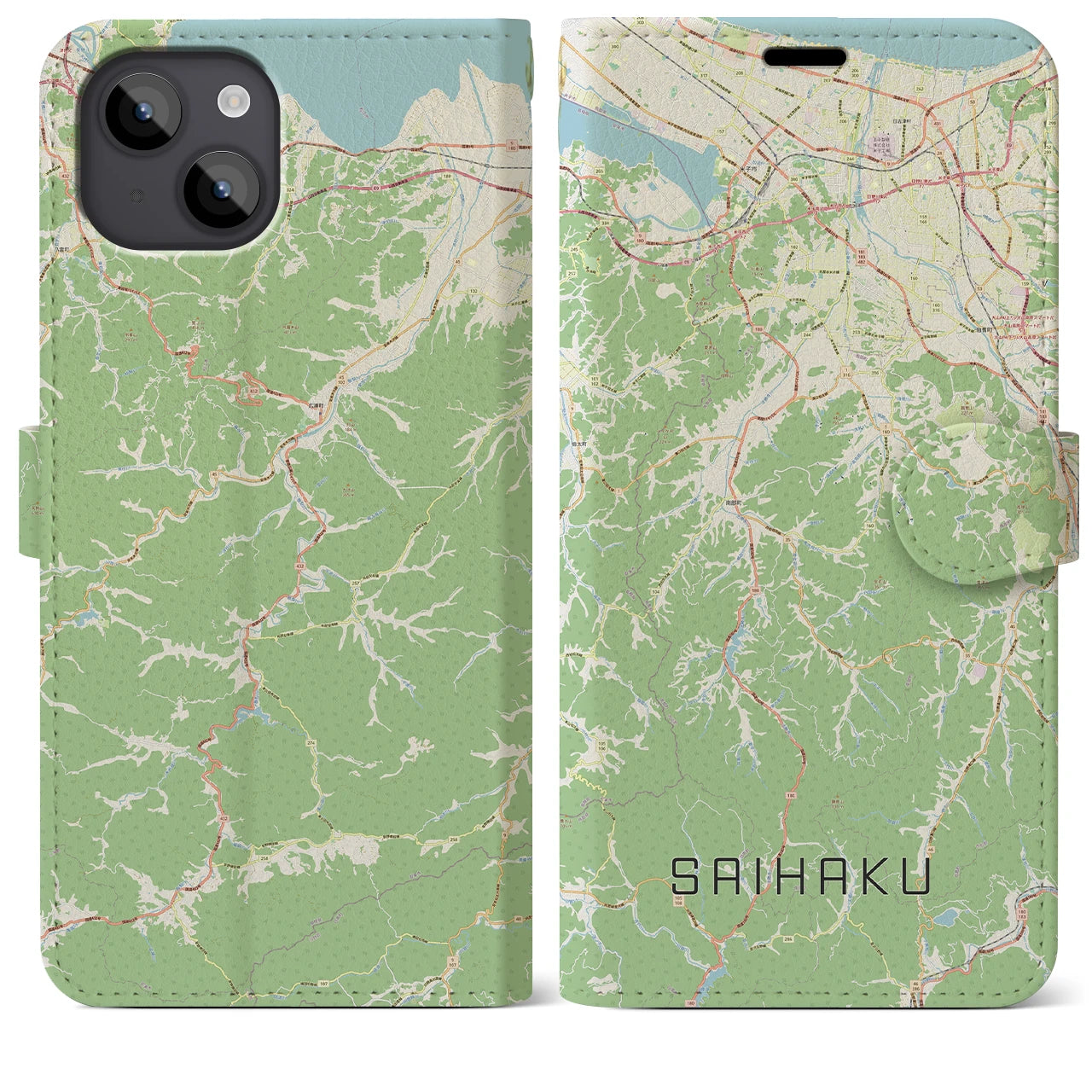 【西伯(鳥取県)】地図柄iPhoneケース(手帳タイプ)ナチュラル・iPhone 14 Plus 用