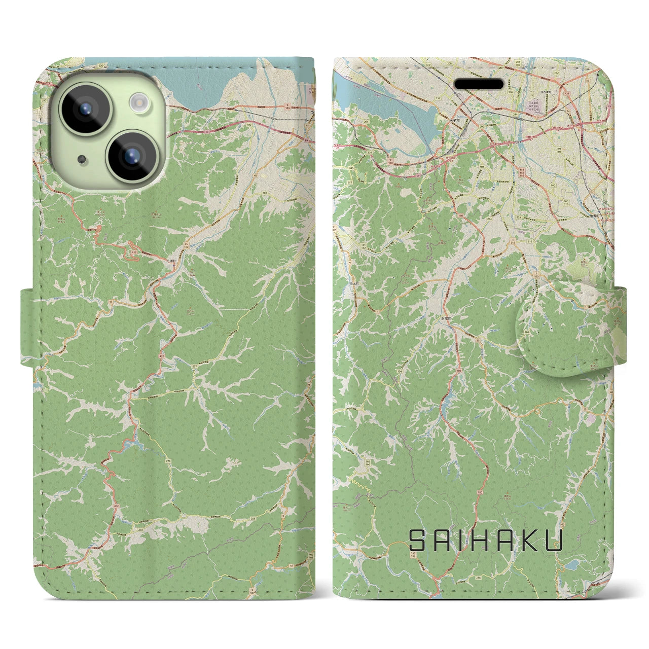 【西伯(鳥取県)】地図柄iPhoneケース(手帳タイプ)ナチュラル・iPhone 15 用