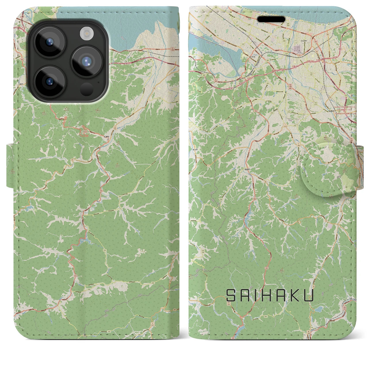 【西伯(鳥取県)】地図柄iPhoneケース(手帳タイプ)ナチュラル・iPhone 15 Pro Max 用