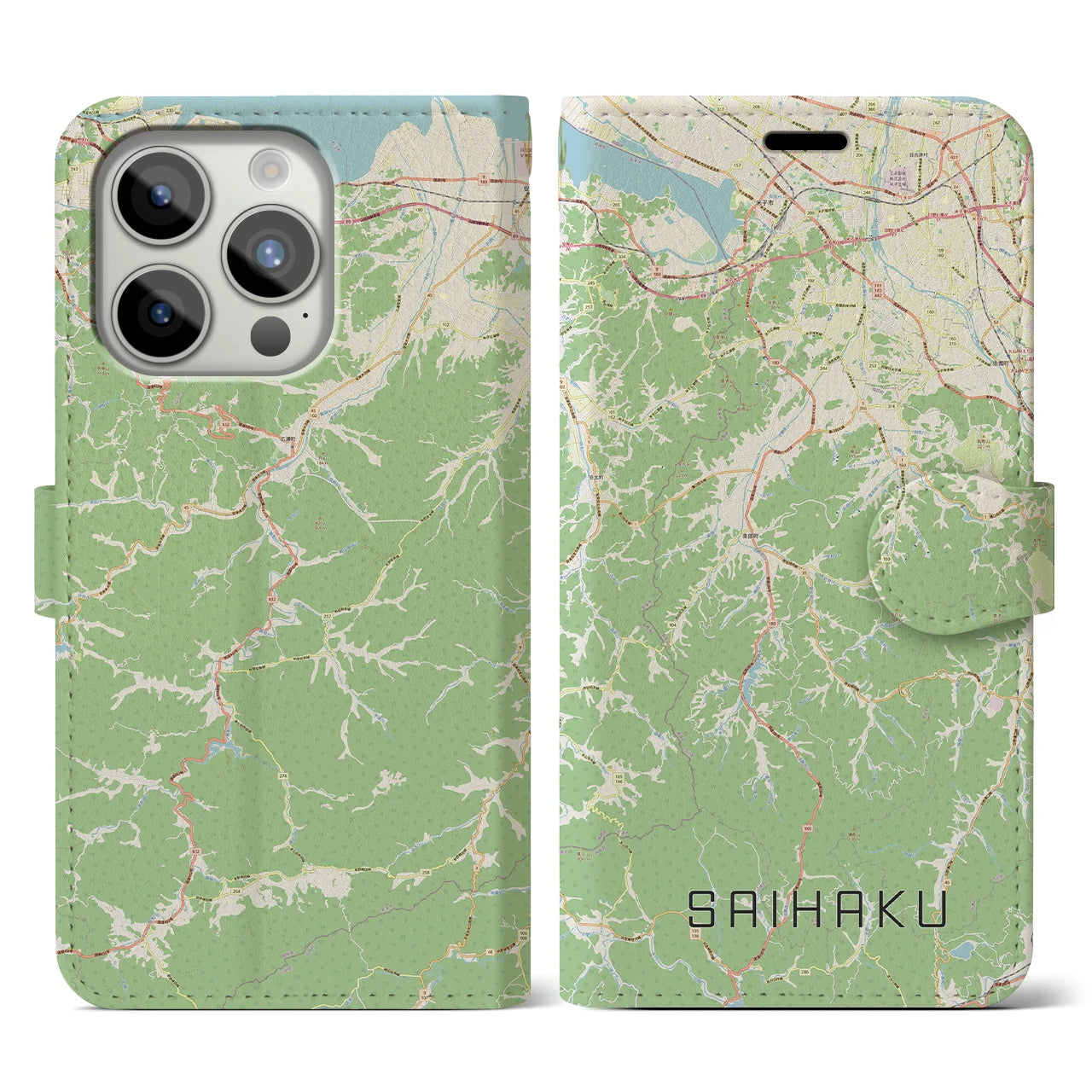 【西伯(鳥取県)】地図柄iPhoneケース(手帳タイプ)ナチュラル・iPhone 15 Pro 用