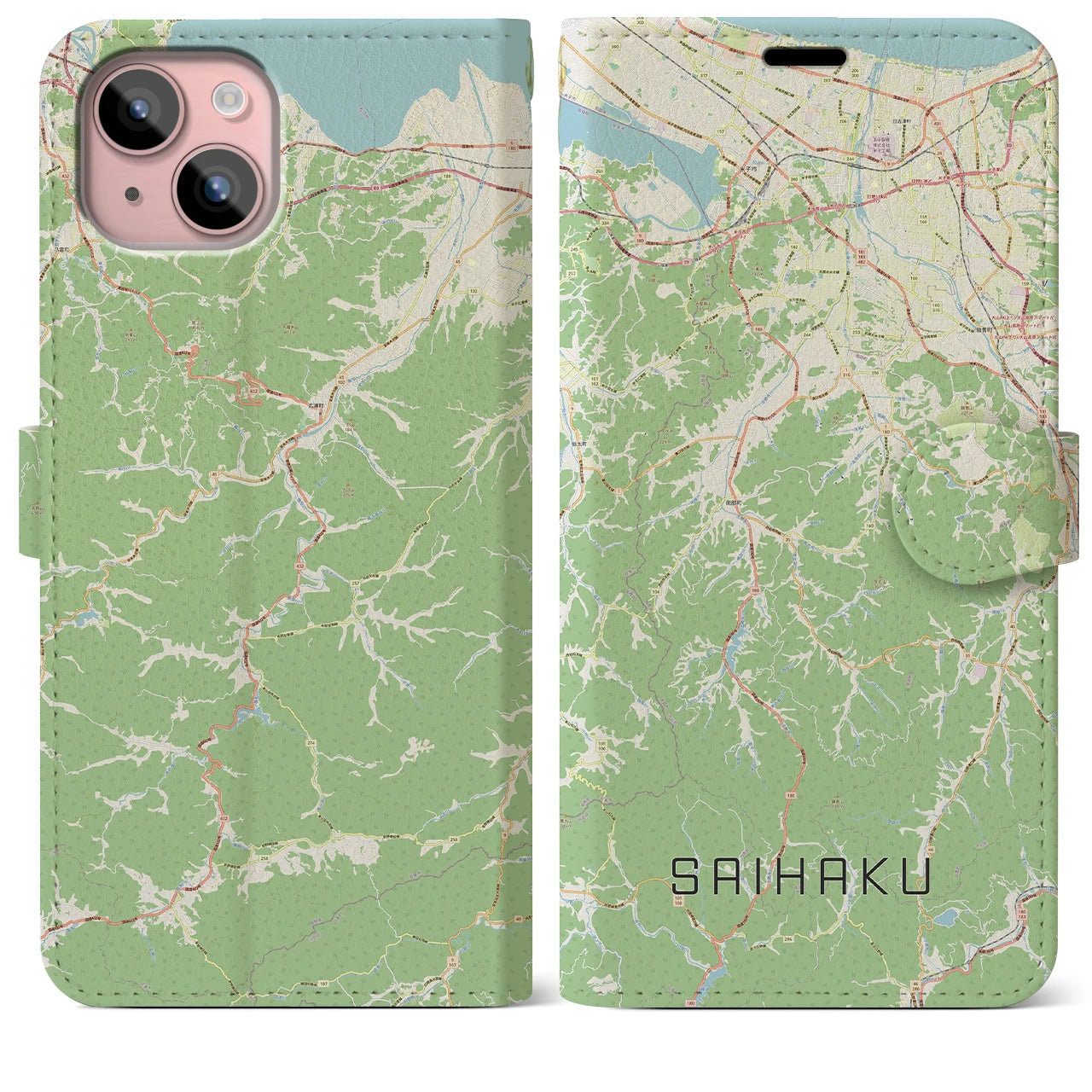 【西伯(鳥取県)】地図柄iPhoneケース(手帳タイプ)ナチュラル・iPhone 15 Plus 用
