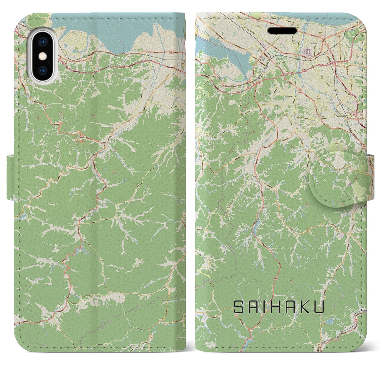 【西伯(鳥取県)】地図柄iPhoneケース(手帳タイプ)ナチュラル・iPhone XS Max 用