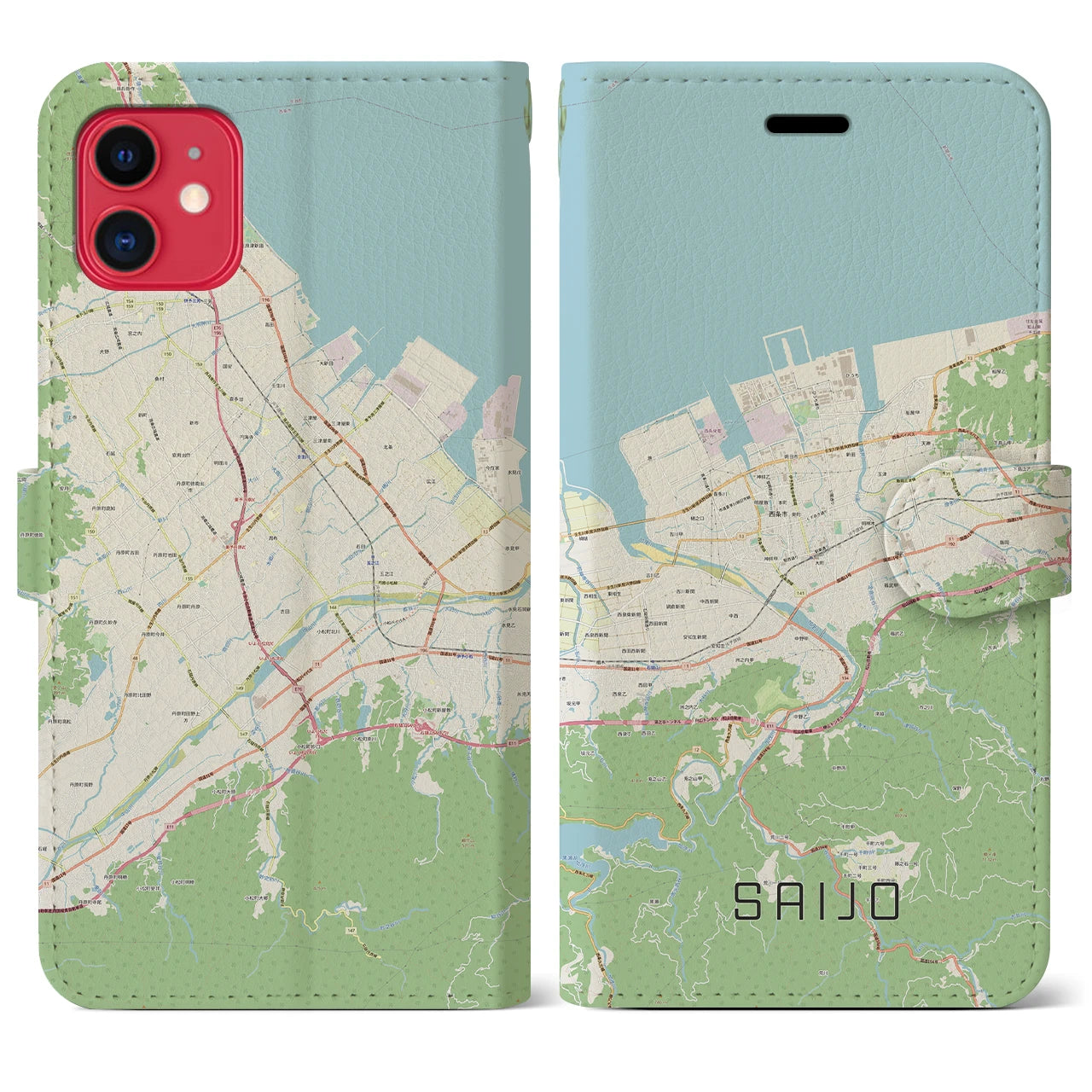 【西条(愛媛県)】地図柄iPhoneケース(手帳タイプ)ナチュラル・iPhone 11 用