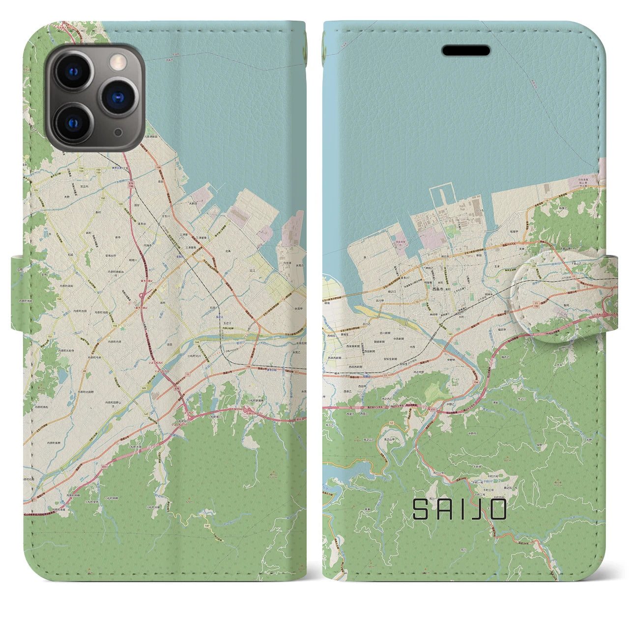 【西条(愛媛県)】地図柄iPhoneケース(手帳タイプ)ナチュラル・iPhone 11 Pro Max 用