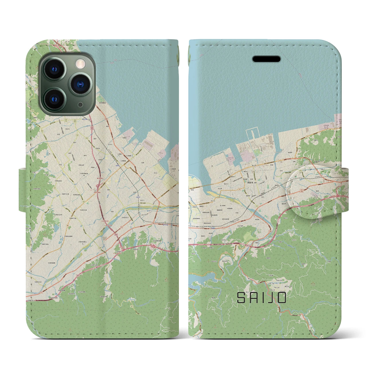 【西条(愛媛県)】地図柄iPhoneケース(手帳タイプ)ナチュラル・iPhone 11 Pro 用