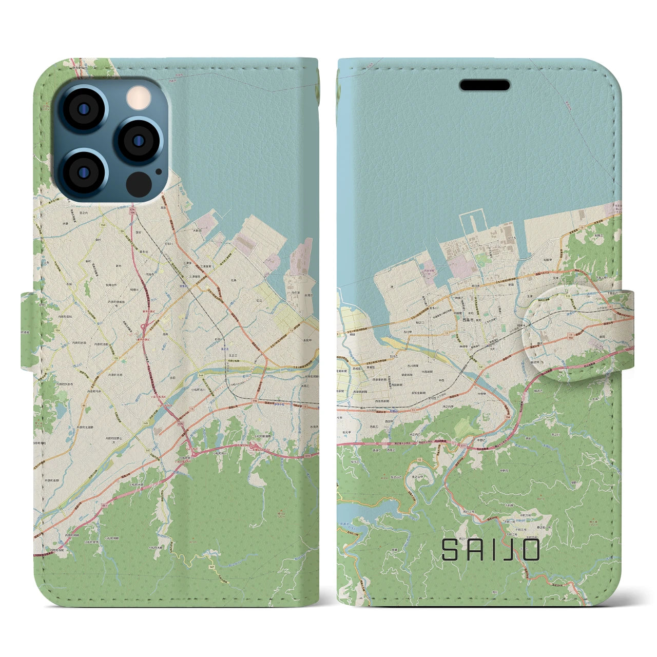 【西条(愛媛県)】地図柄iPhoneケース(手帳タイプ)ナチュラル・iPhone 12 / 12 Pro 用