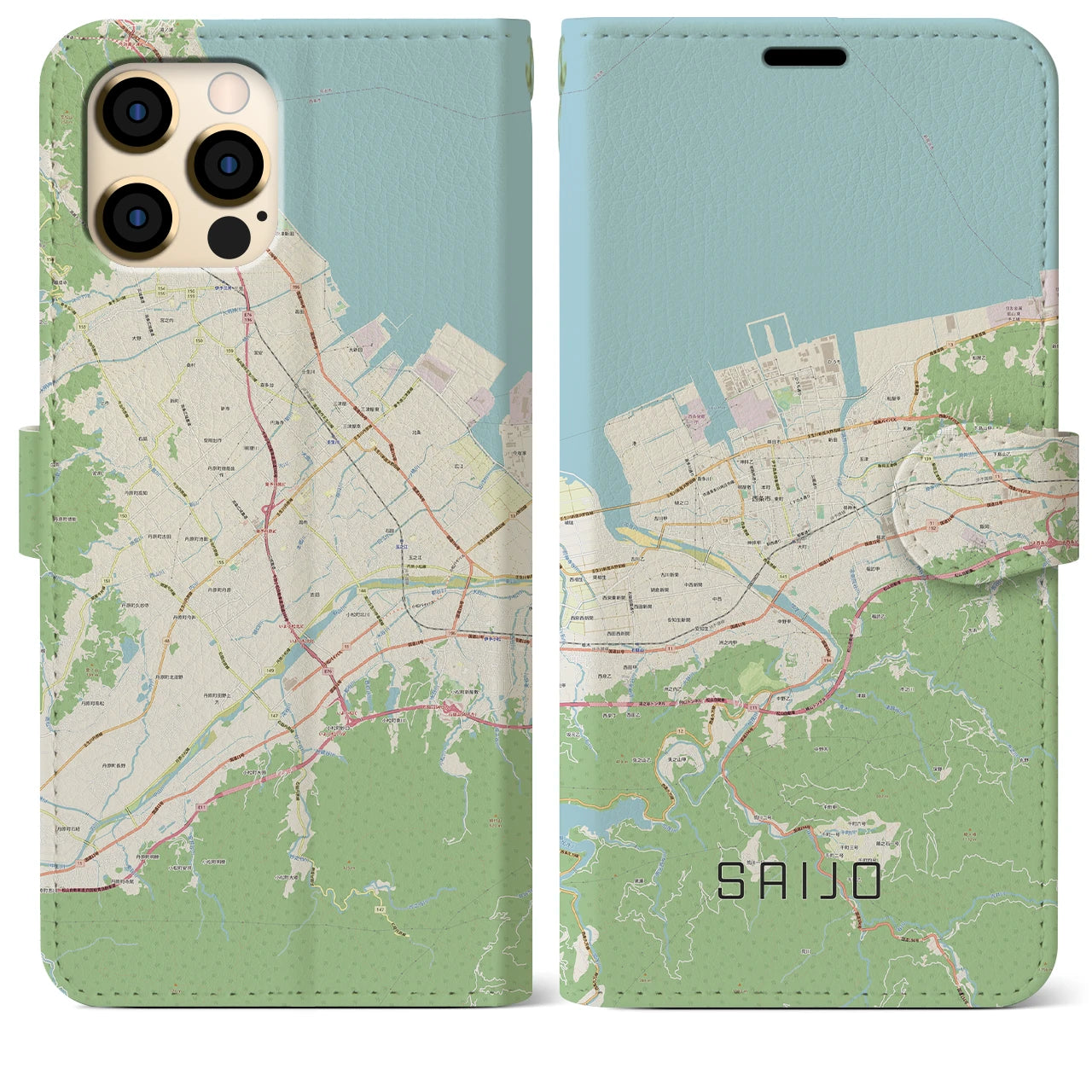 【西条(愛媛県)】地図柄iPhoneケース(手帳タイプ)ナチュラル・iPhone 12 Pro Max 用