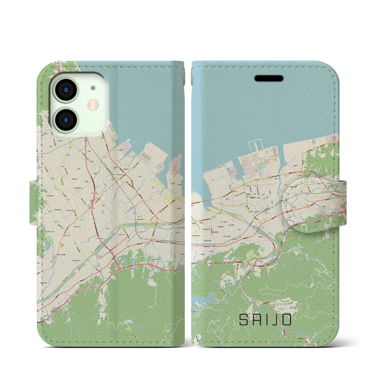 【西条(愛媛県)】地図柄iPhoneケース(手帳タイプ)ナチュラル・iPhone 12 mini 用