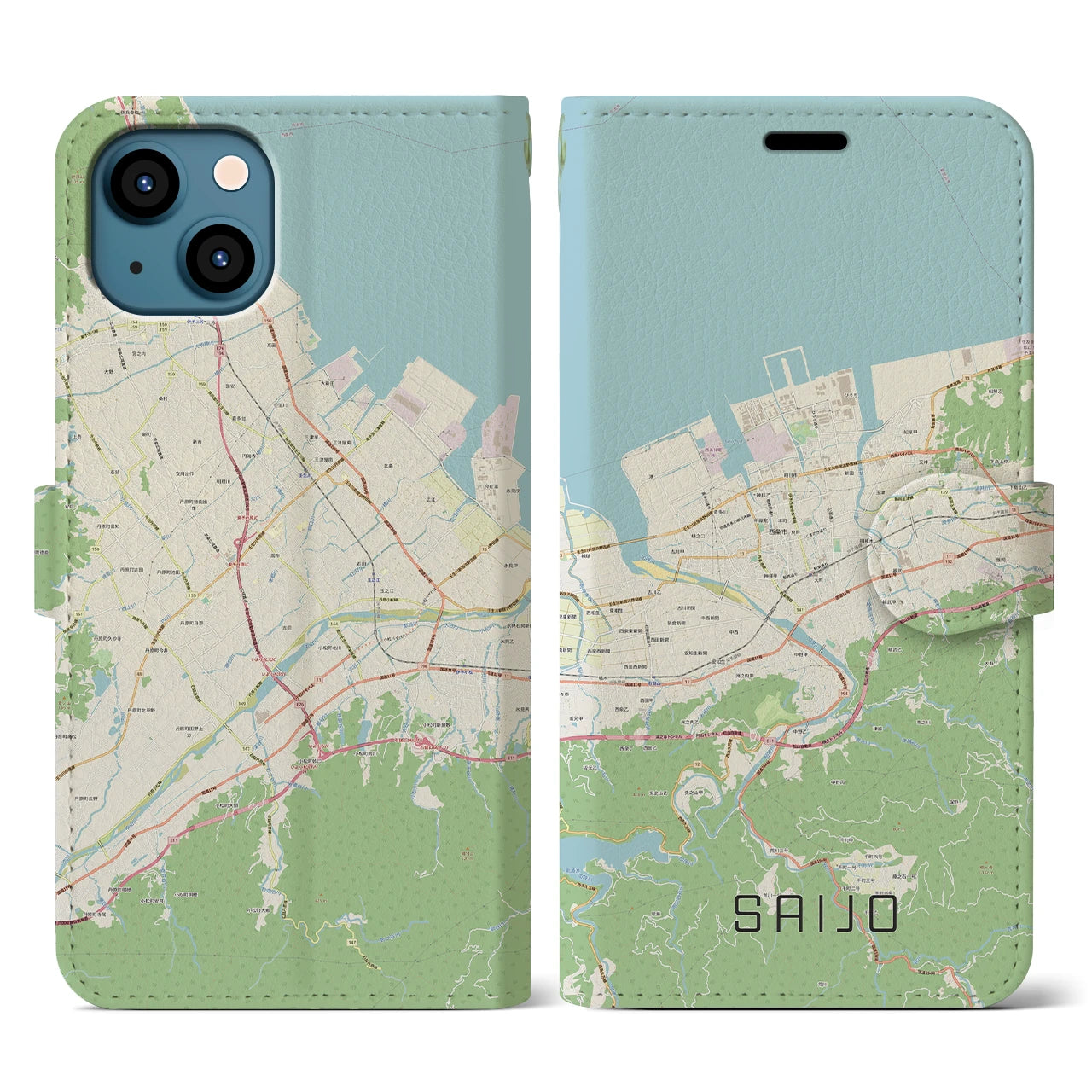 【西条(愛媛県)】地図柄iPhoneケース(手帳タイプ)ナチュラル・iPhone 13 用