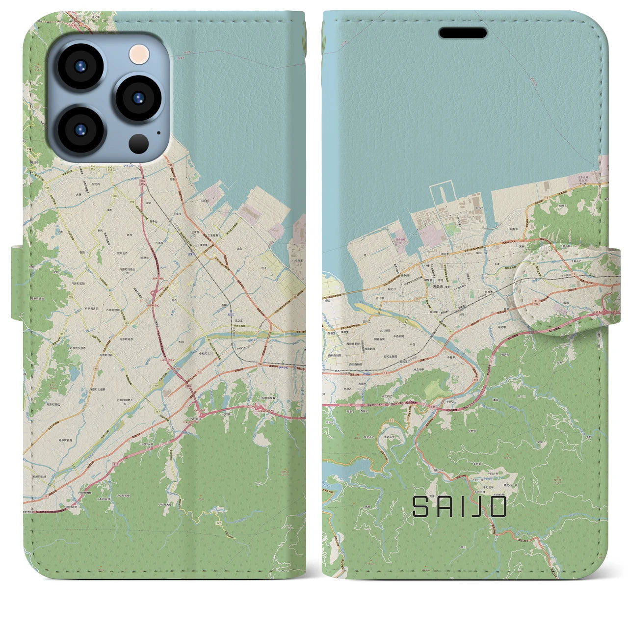 【西条(愛媛県)】地図柄iPhoneケース(手帳タイプ)ナチュラル・iPhone 13 Pro Max 用