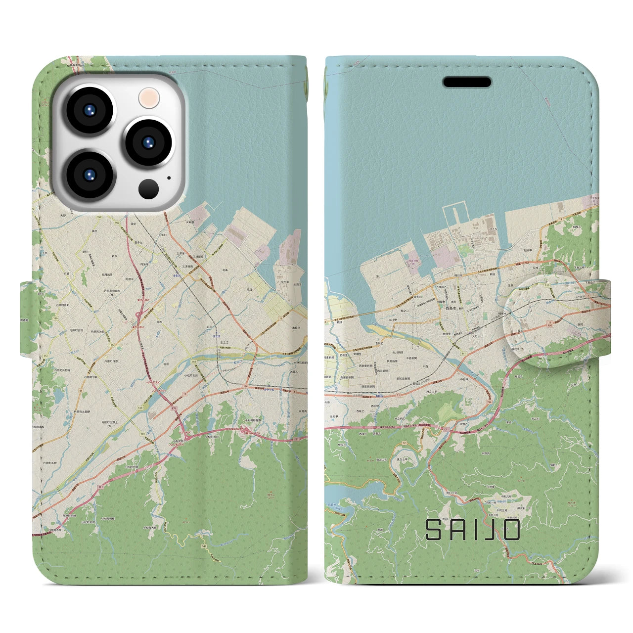【西条(愛媛県)】地図柄iPhoneケース(手帳タイプ)ナチュラル・iPhone 13 Pro 用