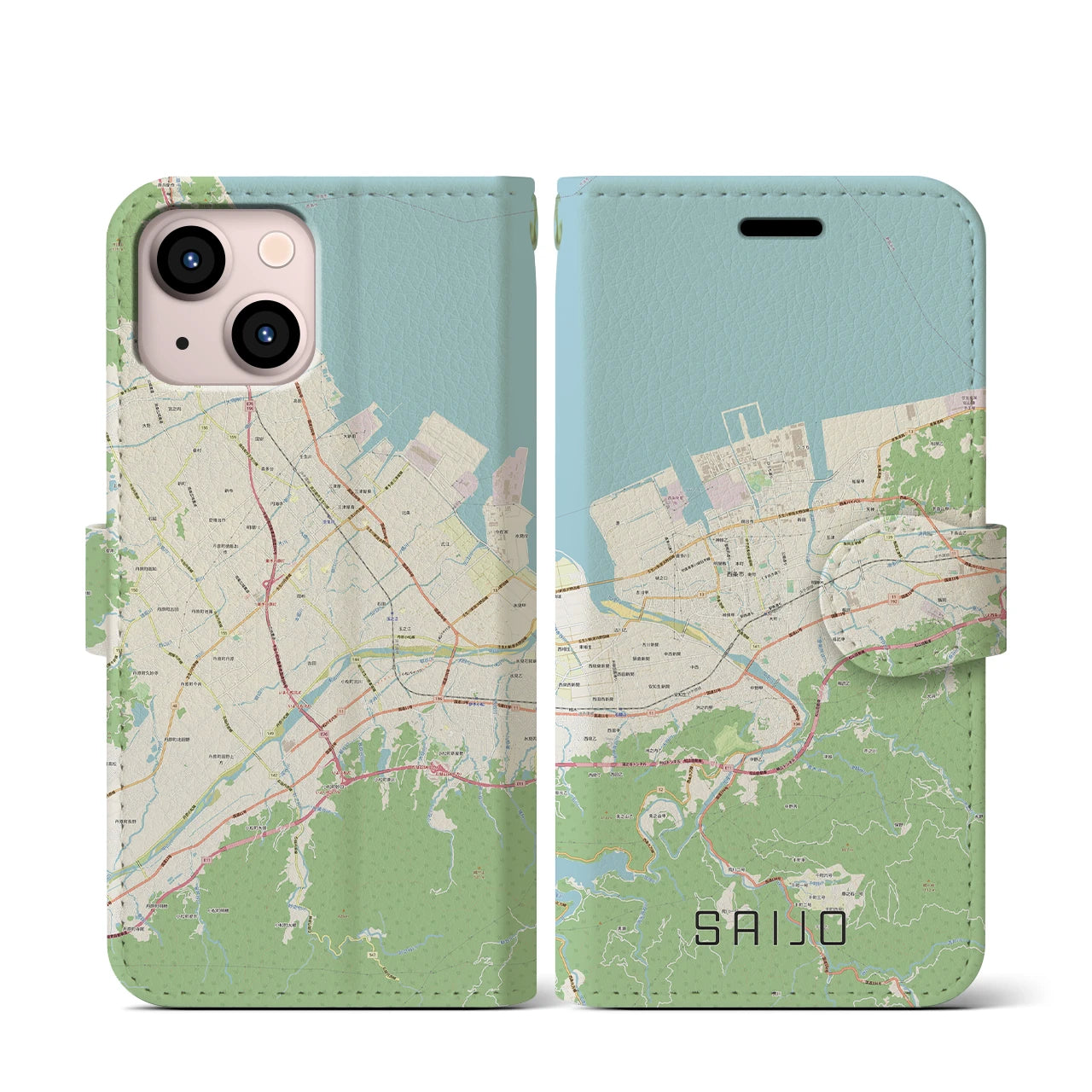 【西条(愛媛県)】地図柄iPhoneケース(手帳タイプ)ナチュラル・iPhone 13 mini 用