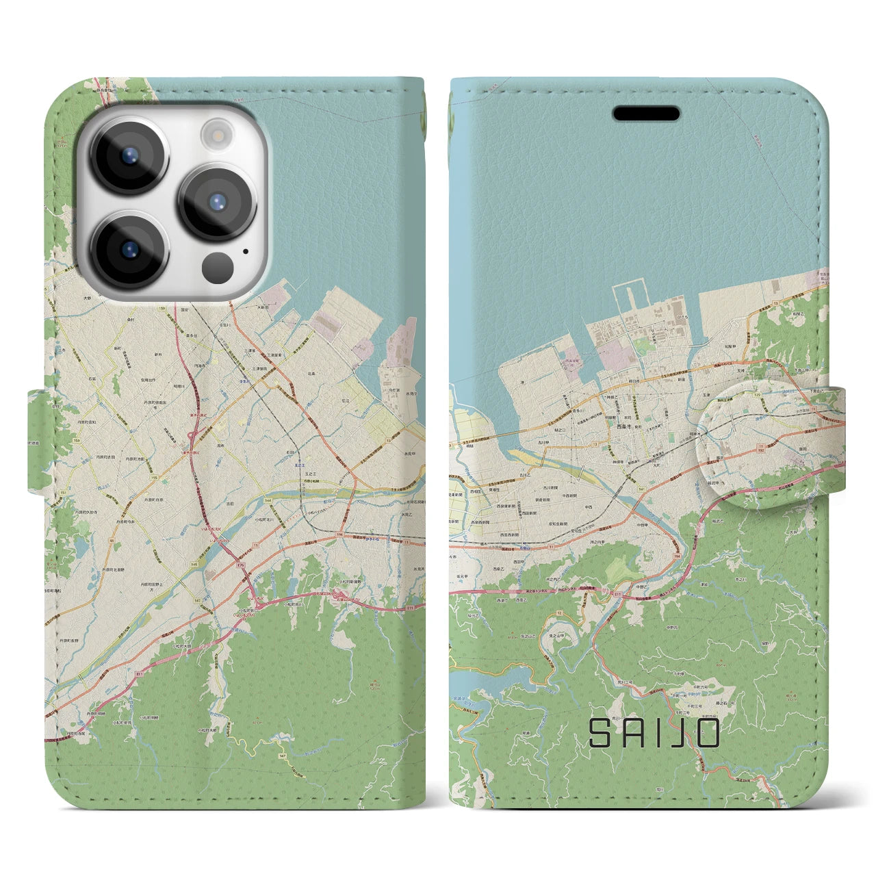 【西条(愛媛県)】地図柄iPhoneケース(手帳タイプ)ナチュラル・iPhone 14 Pro 用