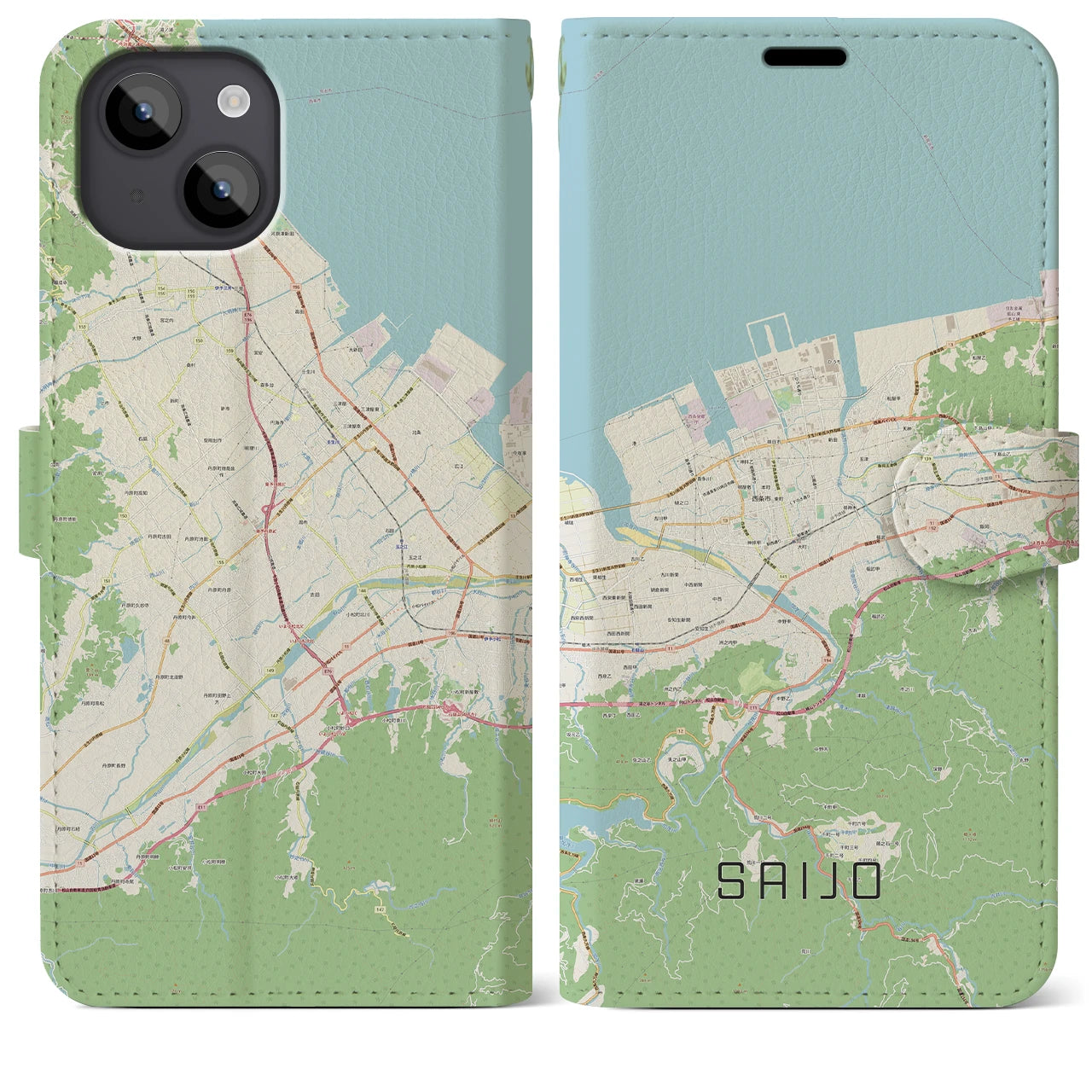 【西条(愛媛県)】地図柄iPhoneケース(手帳タイプ)ナチュラル・iPhone 14 Plus 用