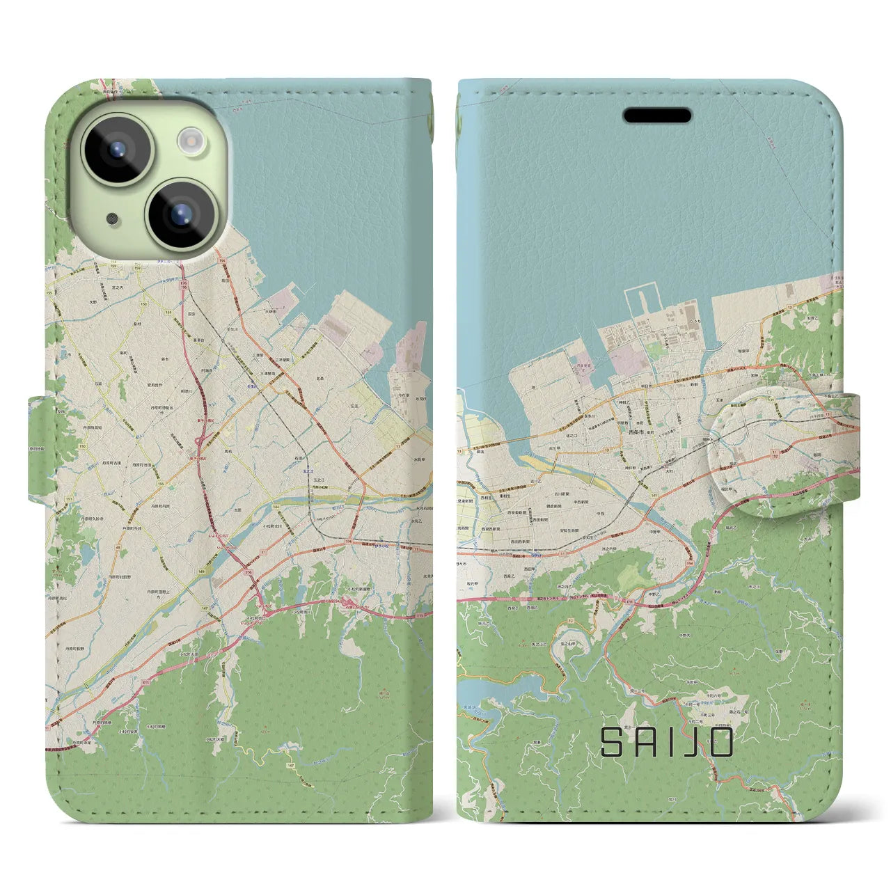【西条(愛媛県)】地図柄iPhoneケース(手帳タイプ)ナチュラル・iPhone 15 用