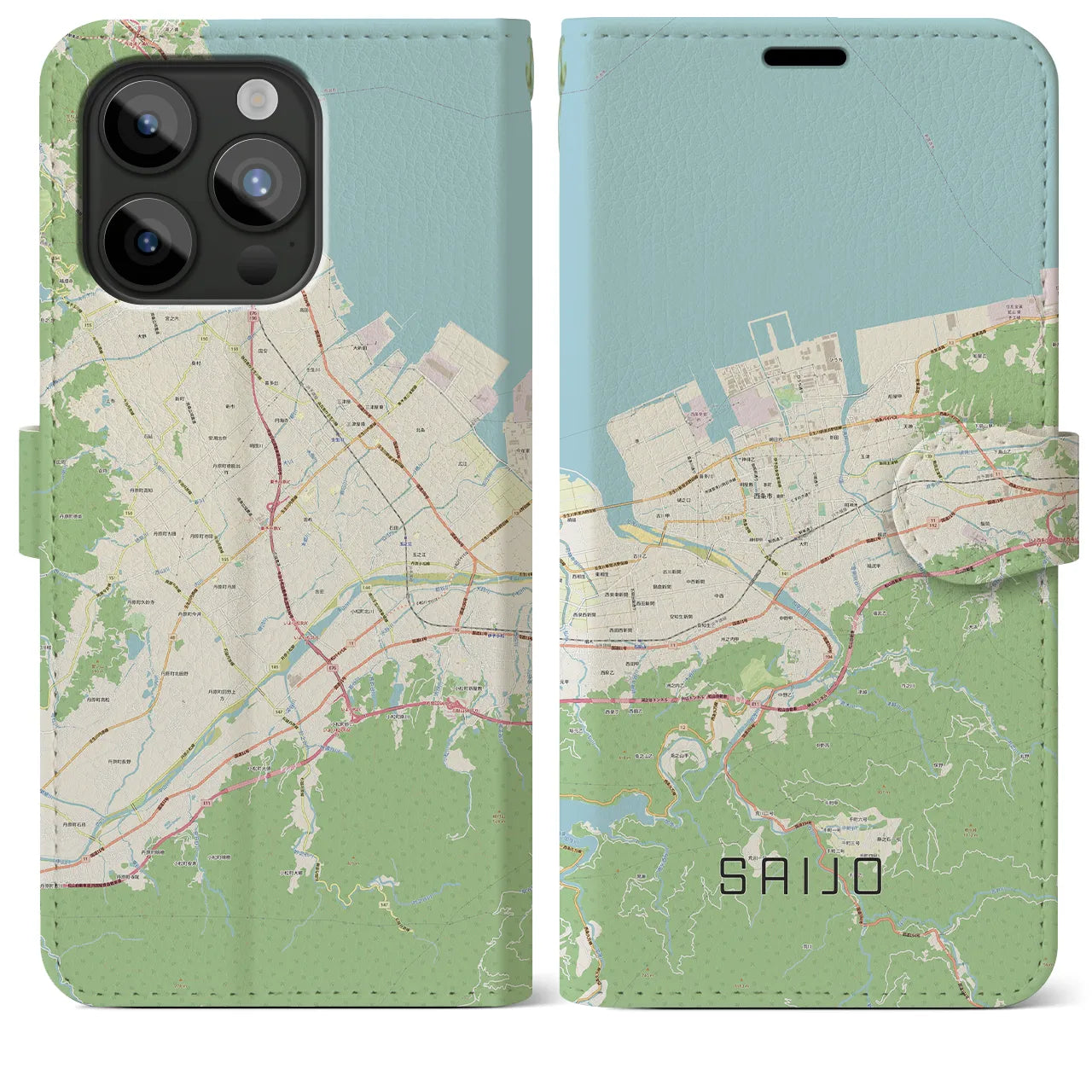 【西条(愛媛県)】地図柄iPhoneケース(手帳タイプ)ナチュラル・iPhone 15 Pro Max 用