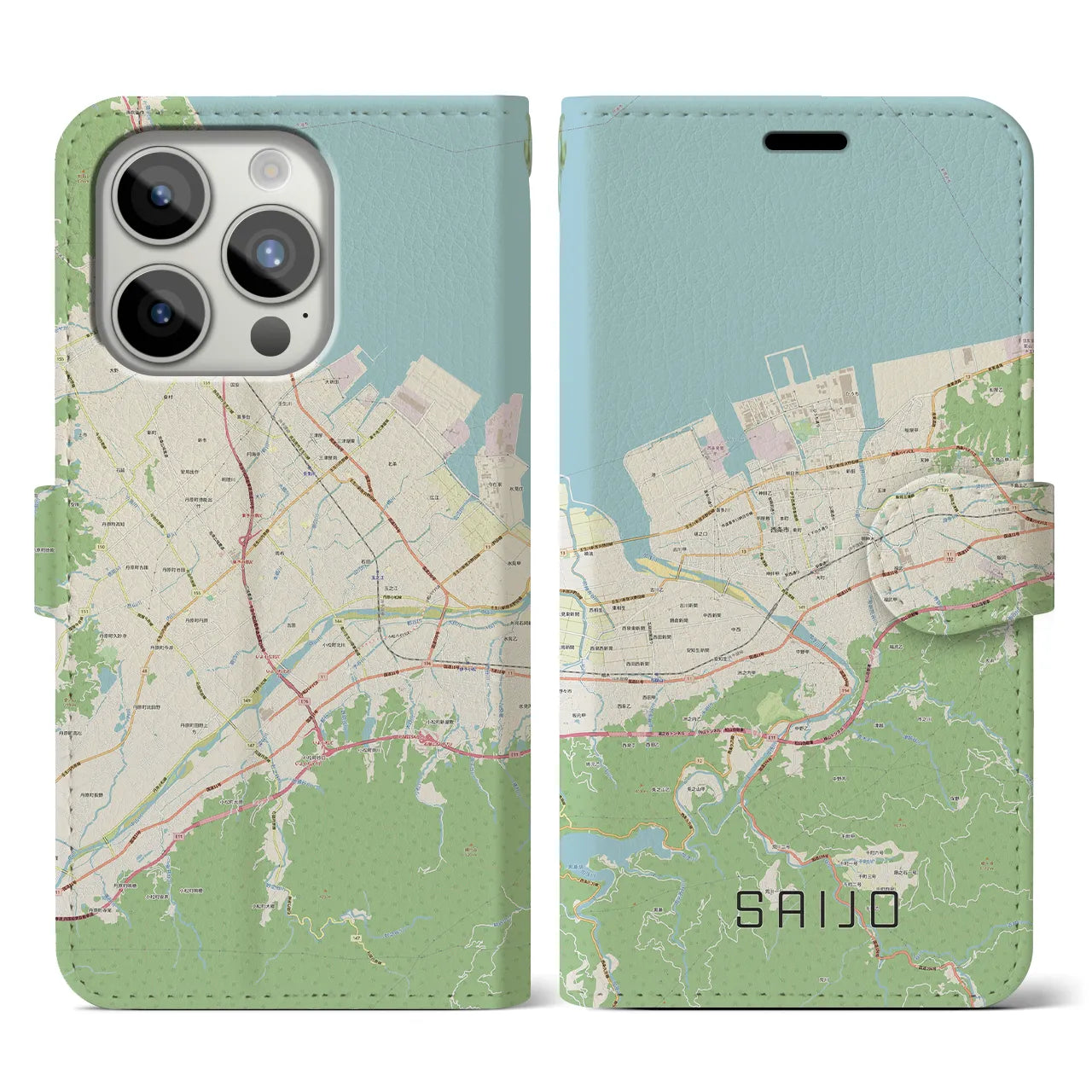 【西条(愛媛県)】地図柄iPhoneケース(手帳タイプ)ナチュラル・iPhone 15 Pro 用