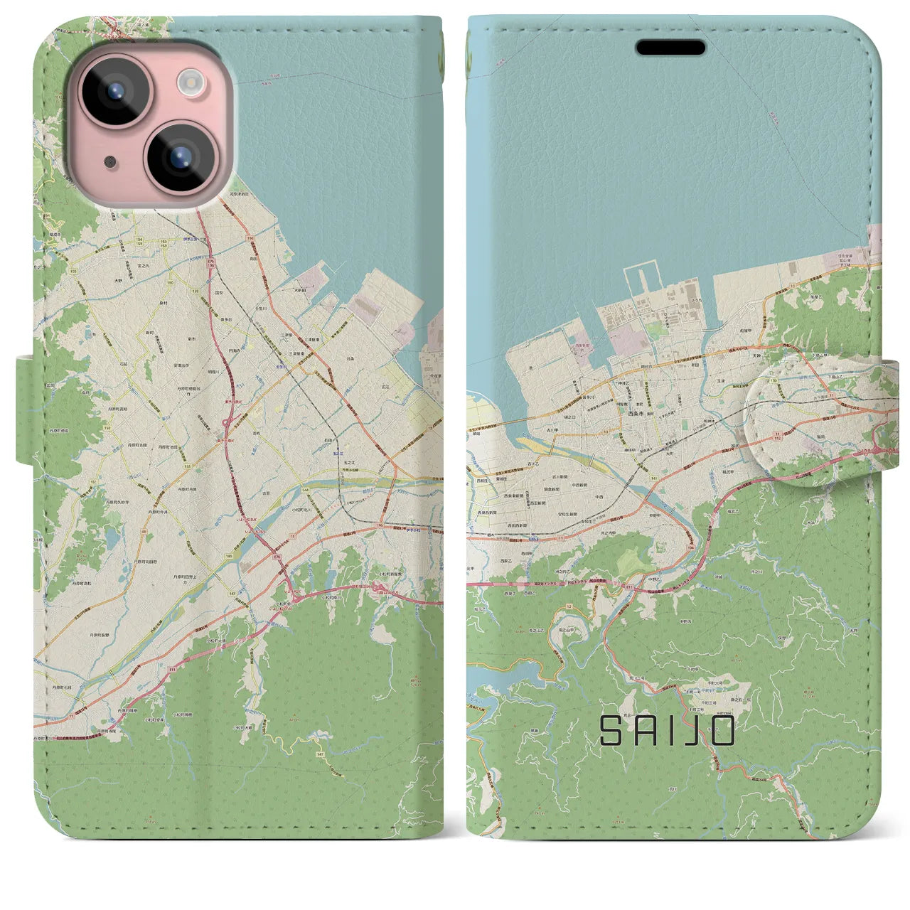 【西条(愛媛県)】地図柄iPhoneケース(手帳タイプ)ナチュラル・iPhone 15 Plus 用