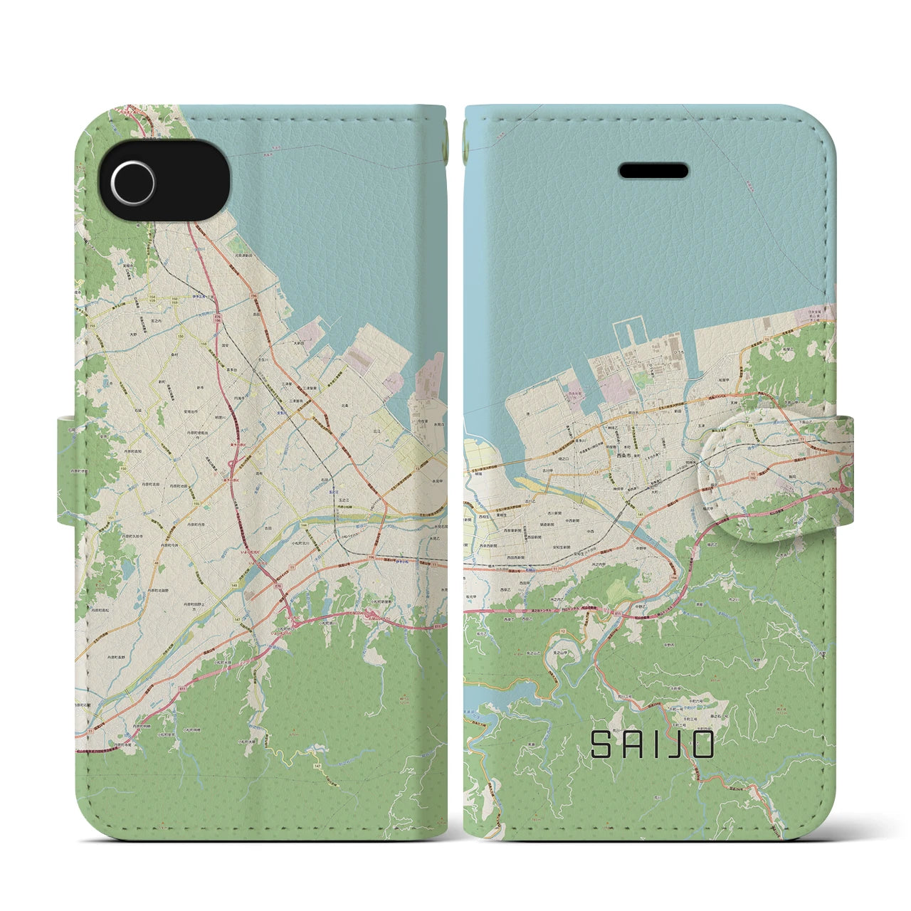 【西条(愛媛県)】地図柄iPhoneケース(手帳タイプ)ナチュラル・iPhone SE(第3 / 第2世代) / 8 / 7 / 6s / 6 用