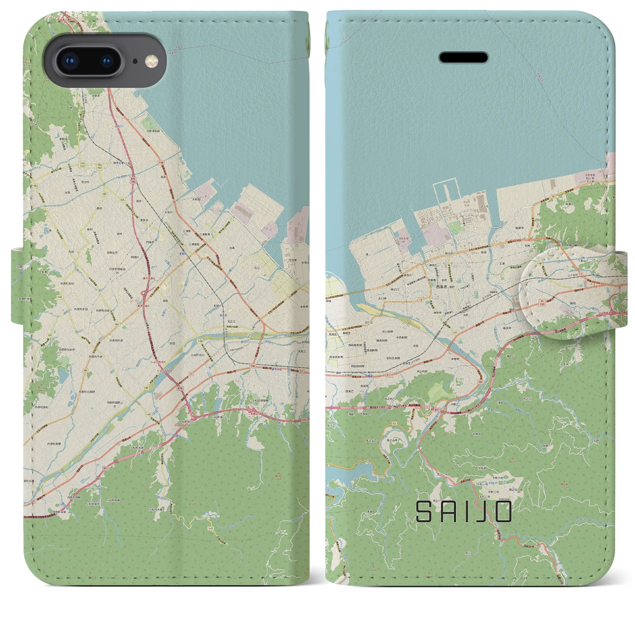 【西条(愛媛県)】地図柄iPhoneケース(手帳タイプ)ナチュラル・iPhone 8Plus /7Plus / 6sPlus / 6Plus 用