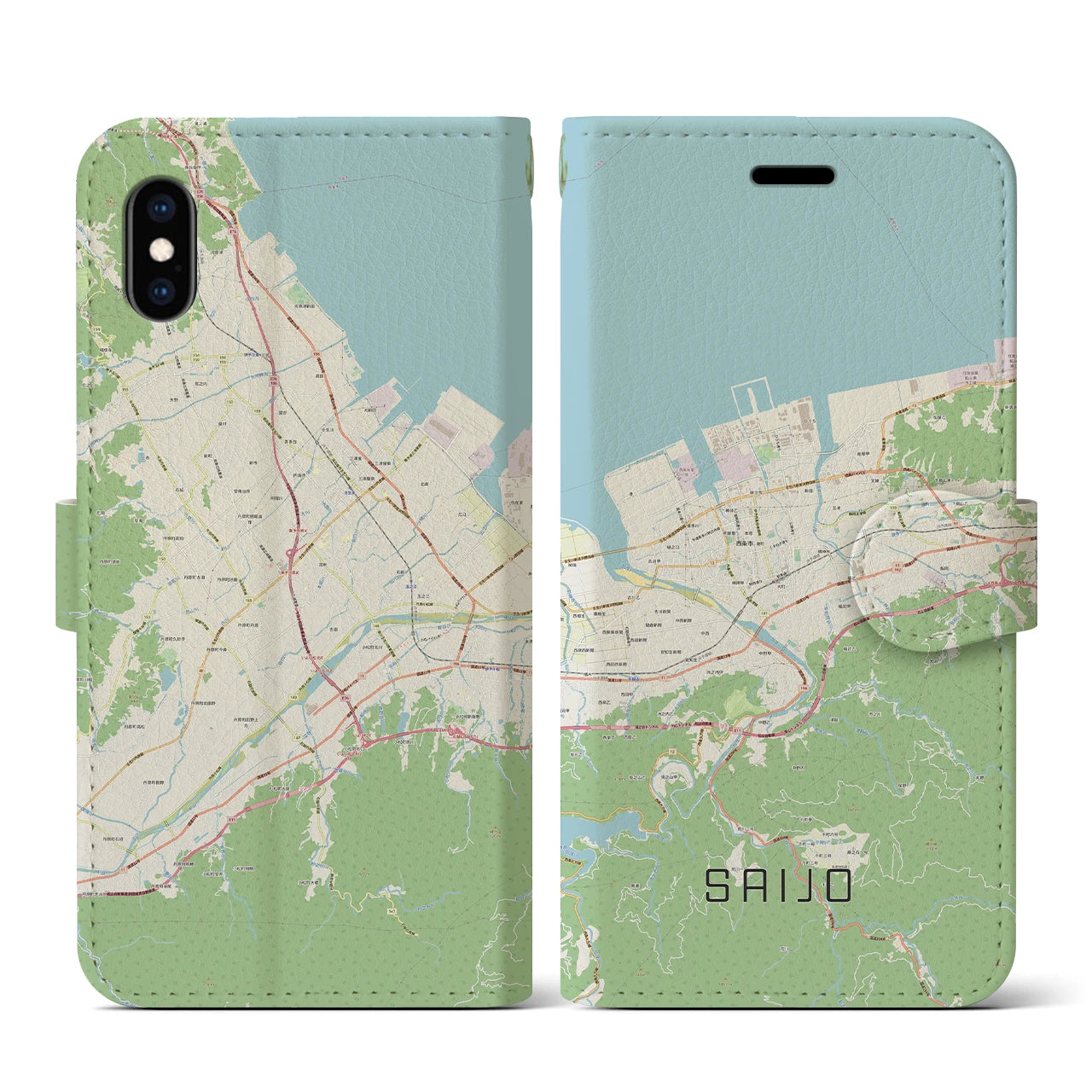 【西条(愛媛県)】地図柄iPhoneケース(手帳タイプ)ナチュラル・iPhone XS / X 用