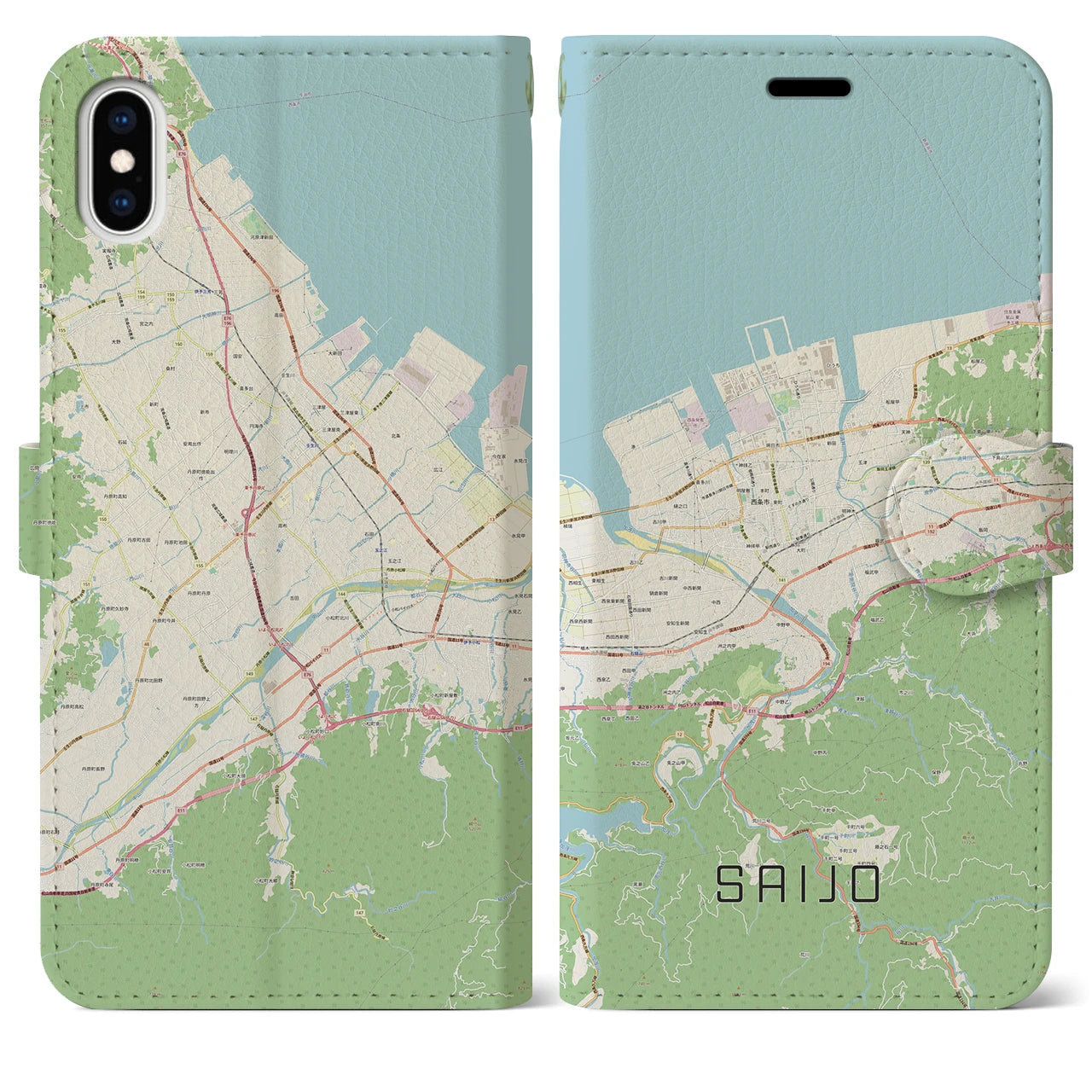 【西条(愛媛県)】地図柄iPhoneケース(手帳タイプ)ナチュラル・iPhone XS Max 用