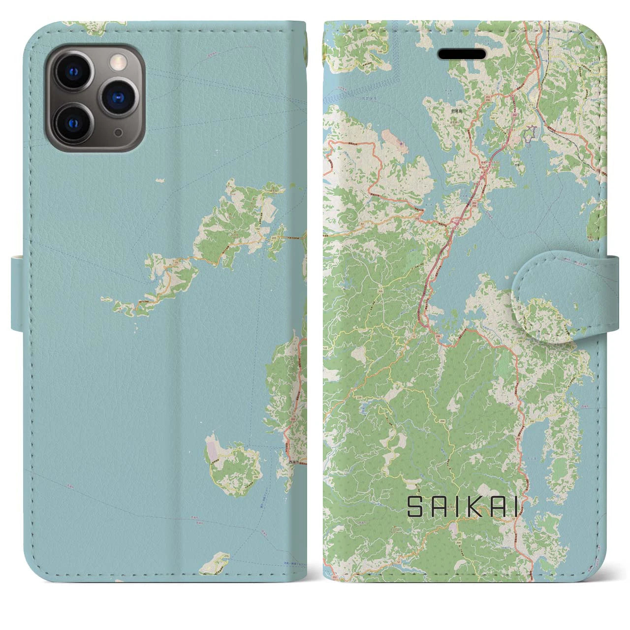 【西海(長崎県)】地図柄iPhoneケース(手帳タイプ)ナチュラル・iPhone 11 Pro Max 用