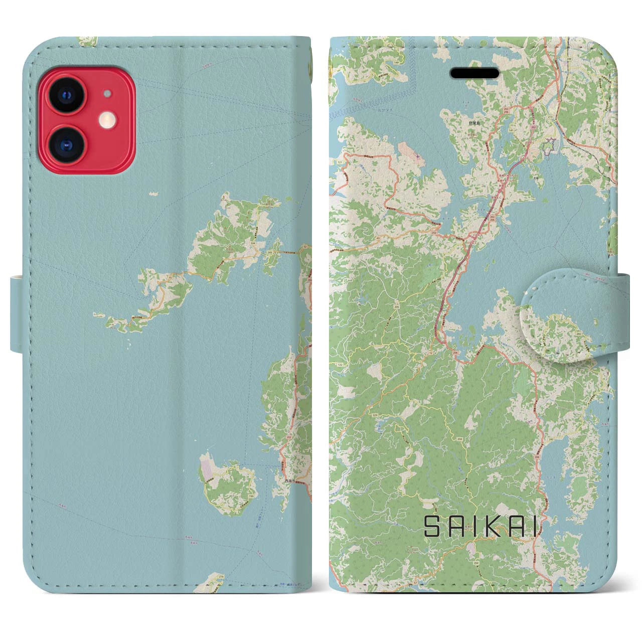 【西海(長崎県)】地図柄iPhoneケース(手帳タイプ)ナチュラル・iPhone 11 用