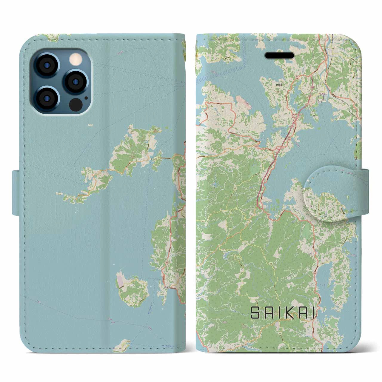 【西海(長崎県)】地図柄iPhoneケース(手帳タイプ)ナチュラル・iPhone 12 / 12 Pro 用