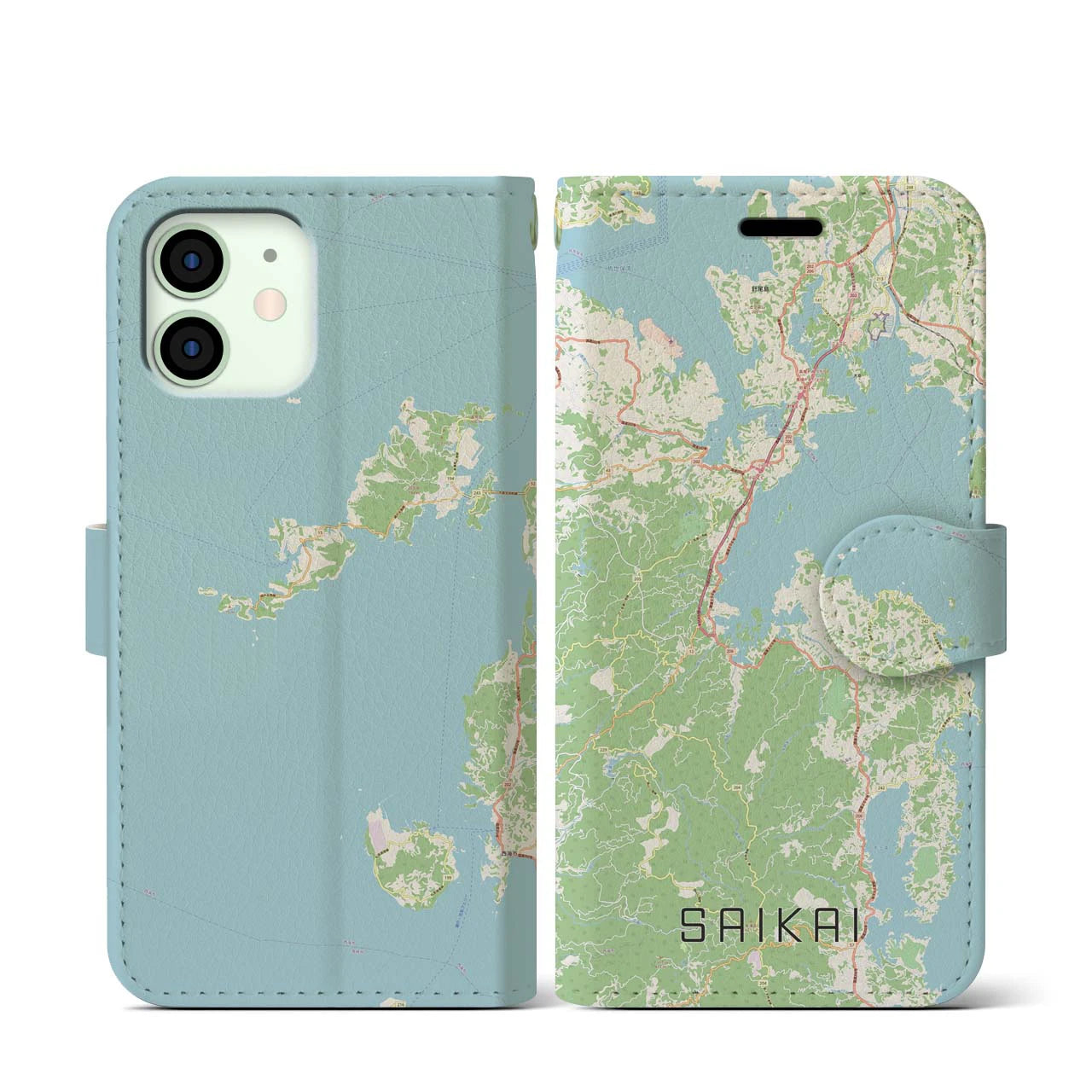 【西海(長崎県)】地図柄iPhoneケース(手帳タイプ)ナチュラル・iPhone 12 mini 用