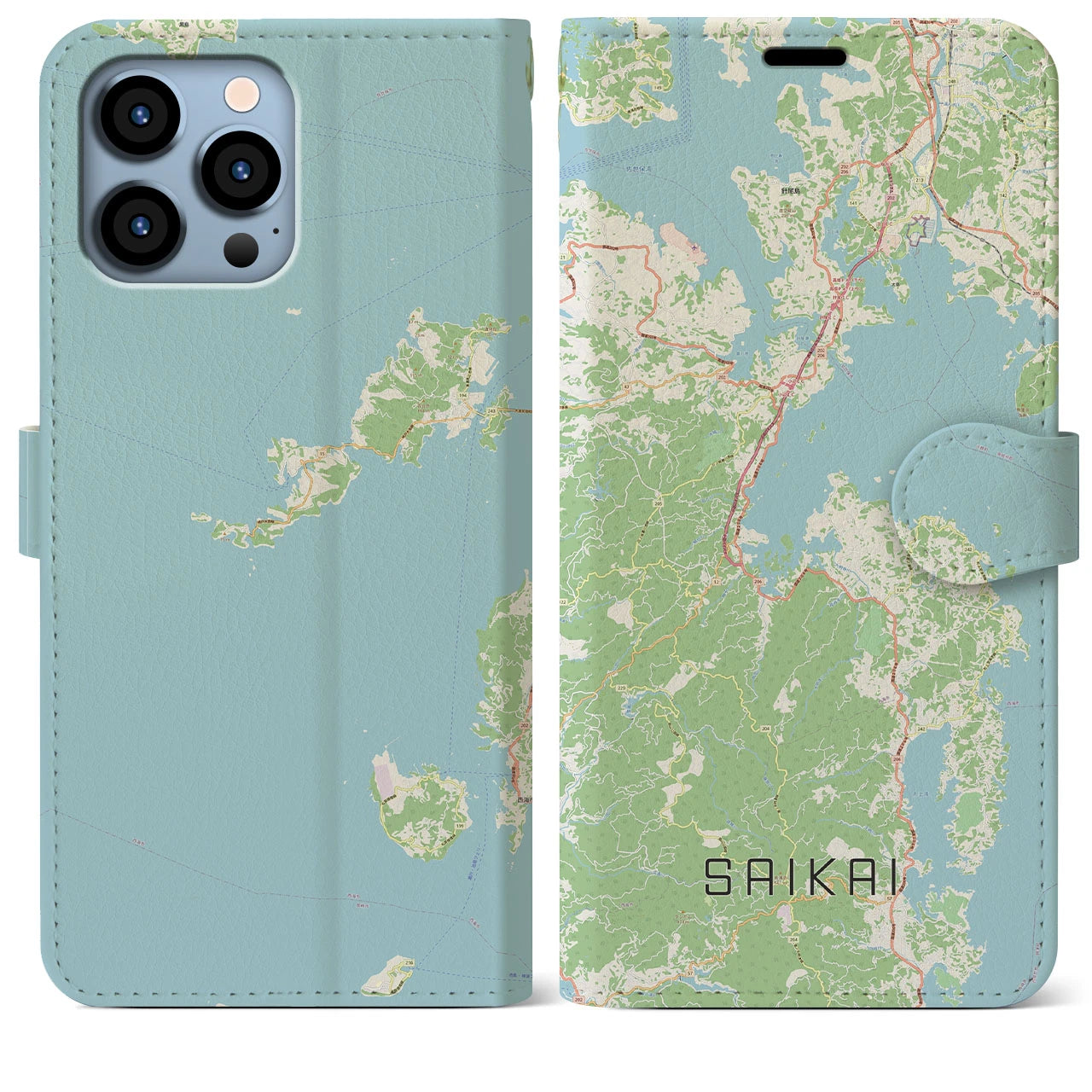 【西海(長崎県)】地図柄iPhoneケース(手帳タイプ)ナチュラル・iPhone 13 Pro Max 用