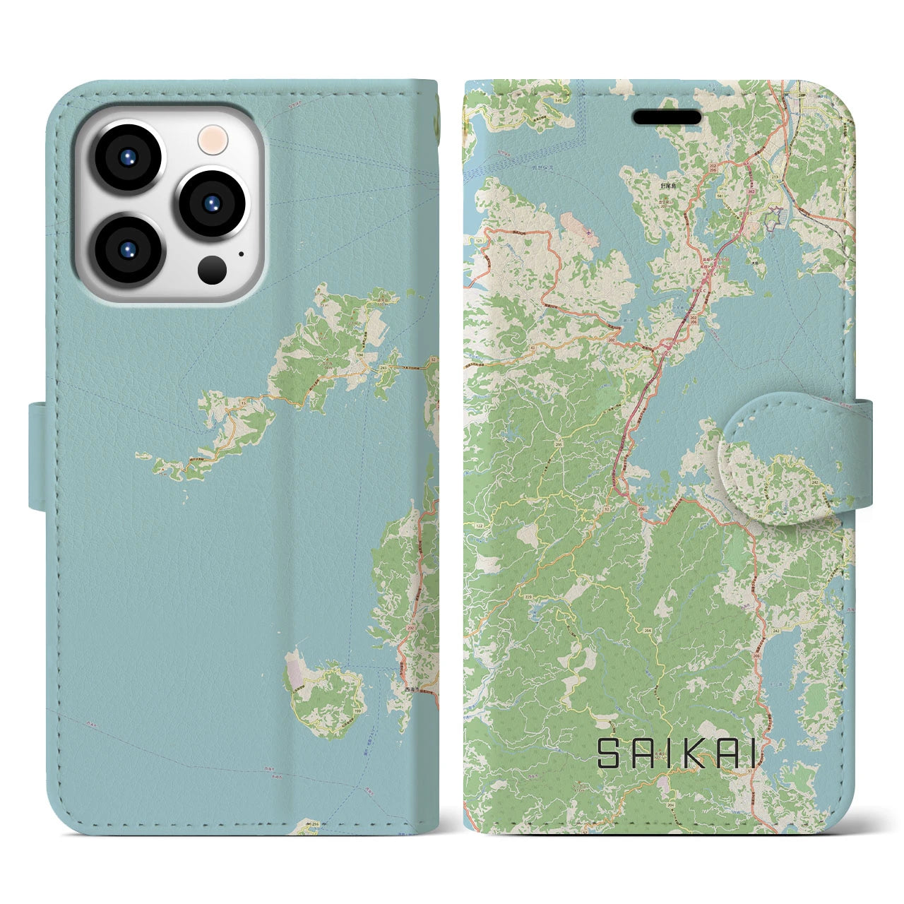 【西海(長崎県)】地図柄iPhoneケース(手帳タイプ)ナチュラル・iPhone 13 Pro 用