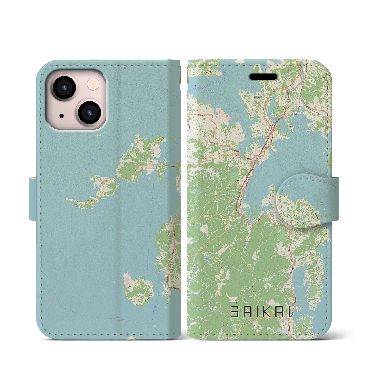 【西海(長崎県)】地図柄iPhoneケース(手帳タイプ)ナチュラル・iPhone 13 mini 用