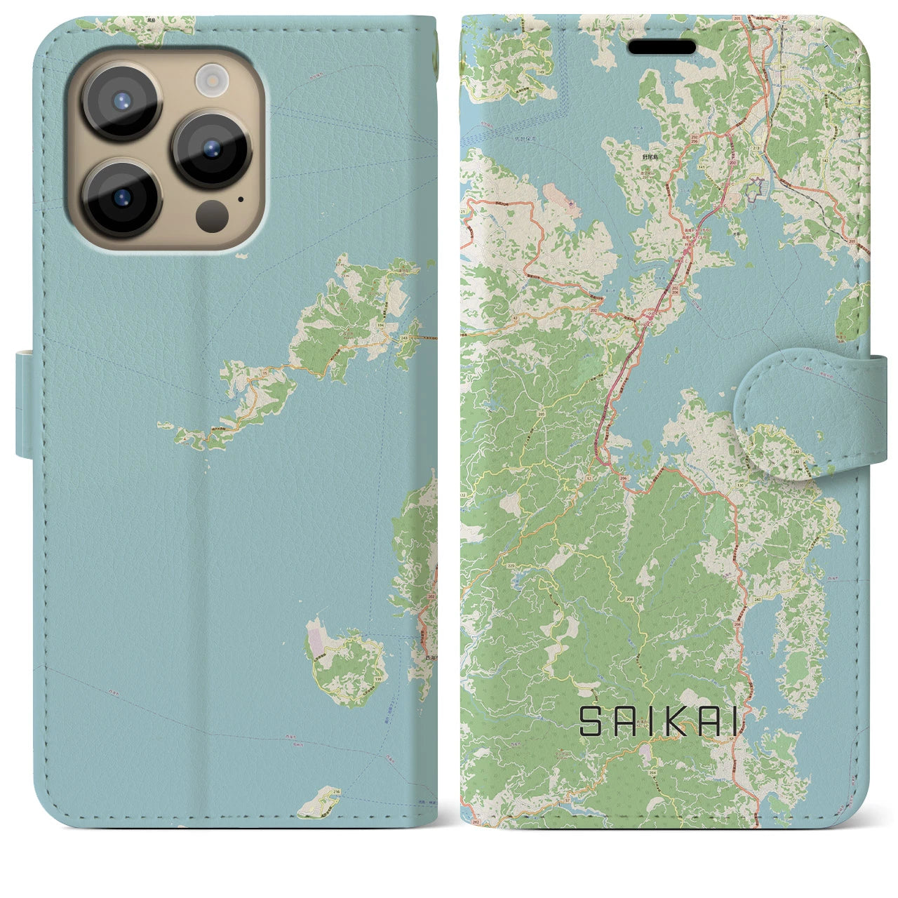 【西海(長崎県)】地図柄iPhoneケース(手帳タイプ)ナチュラル・iPhone 14 Pro Max 用