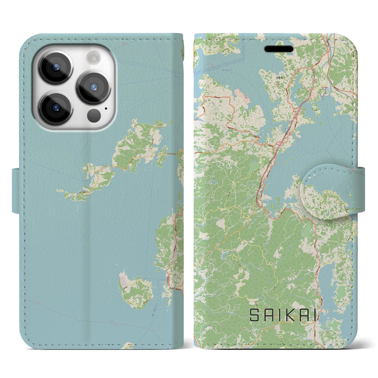 【西海(長崎県)】地図柄iPhoneケース(手帳タイプ)ナチュラル・iPhone 14 Pro 用