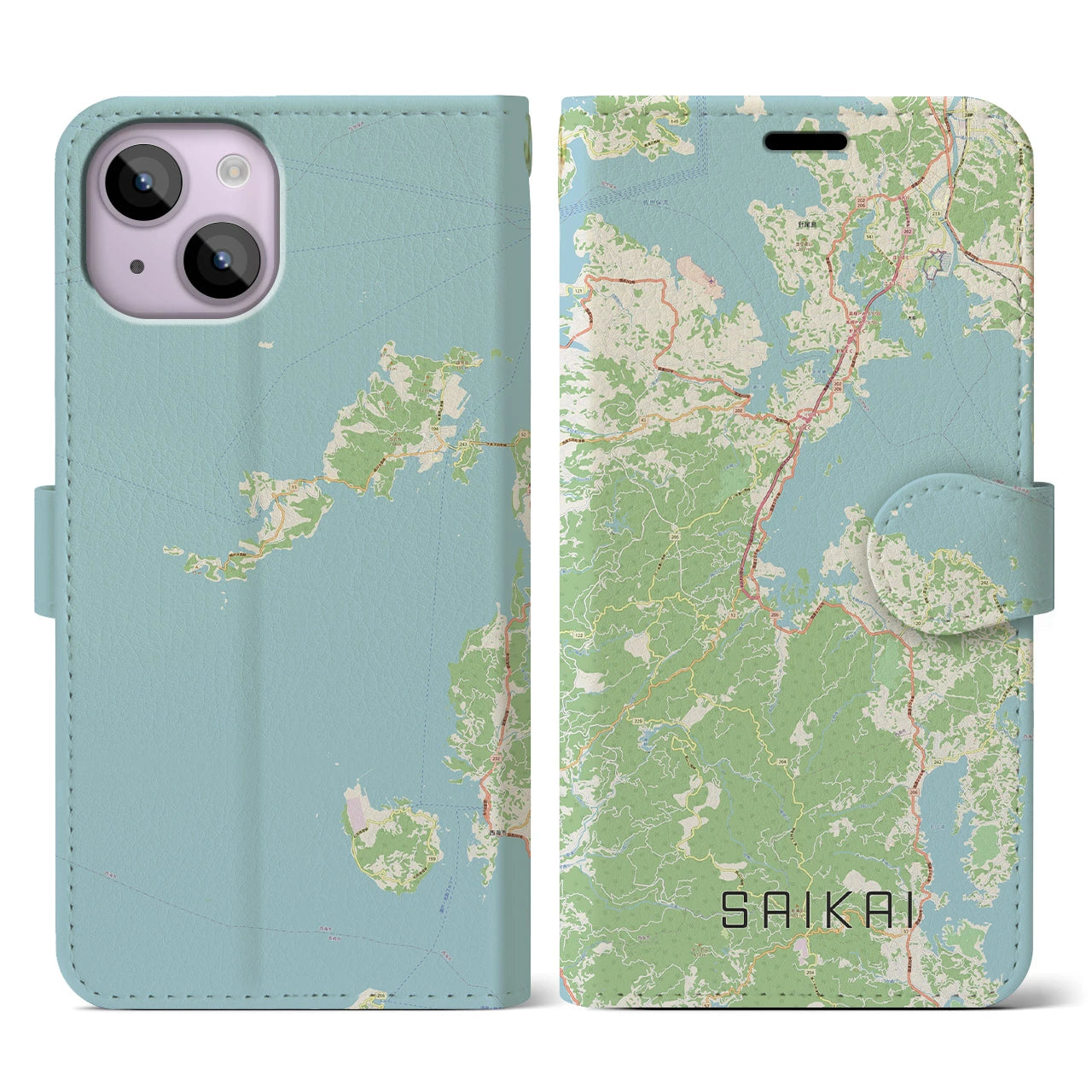 【西海(長崎県)】地図柄iPhoneケース(手帳タイプ)ナチュラル・iPhone 14 用