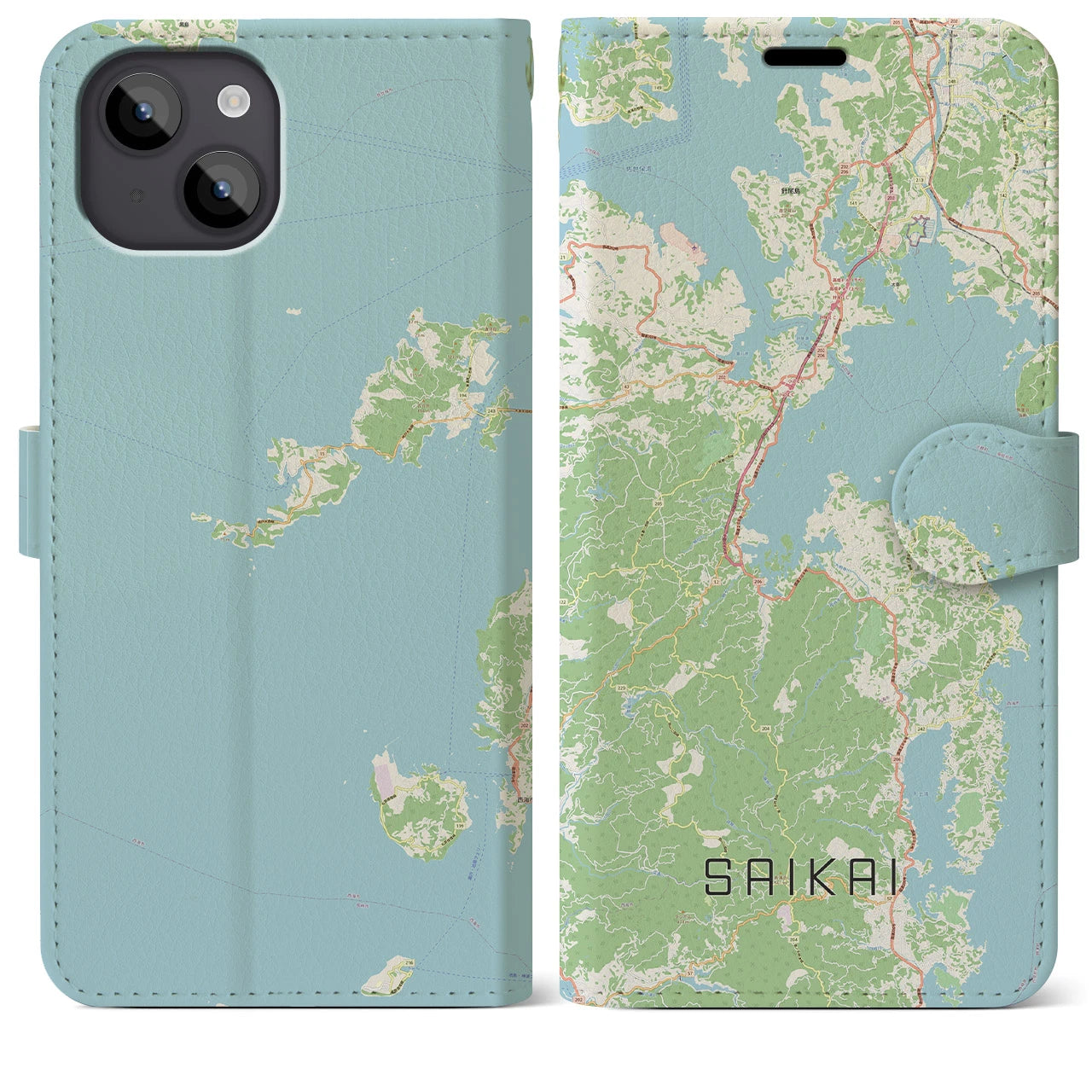 【西海(長崎県)】地図柄iPhoneケース(手帳タイプ)ナチュラル・iPhone 14 Plus 用