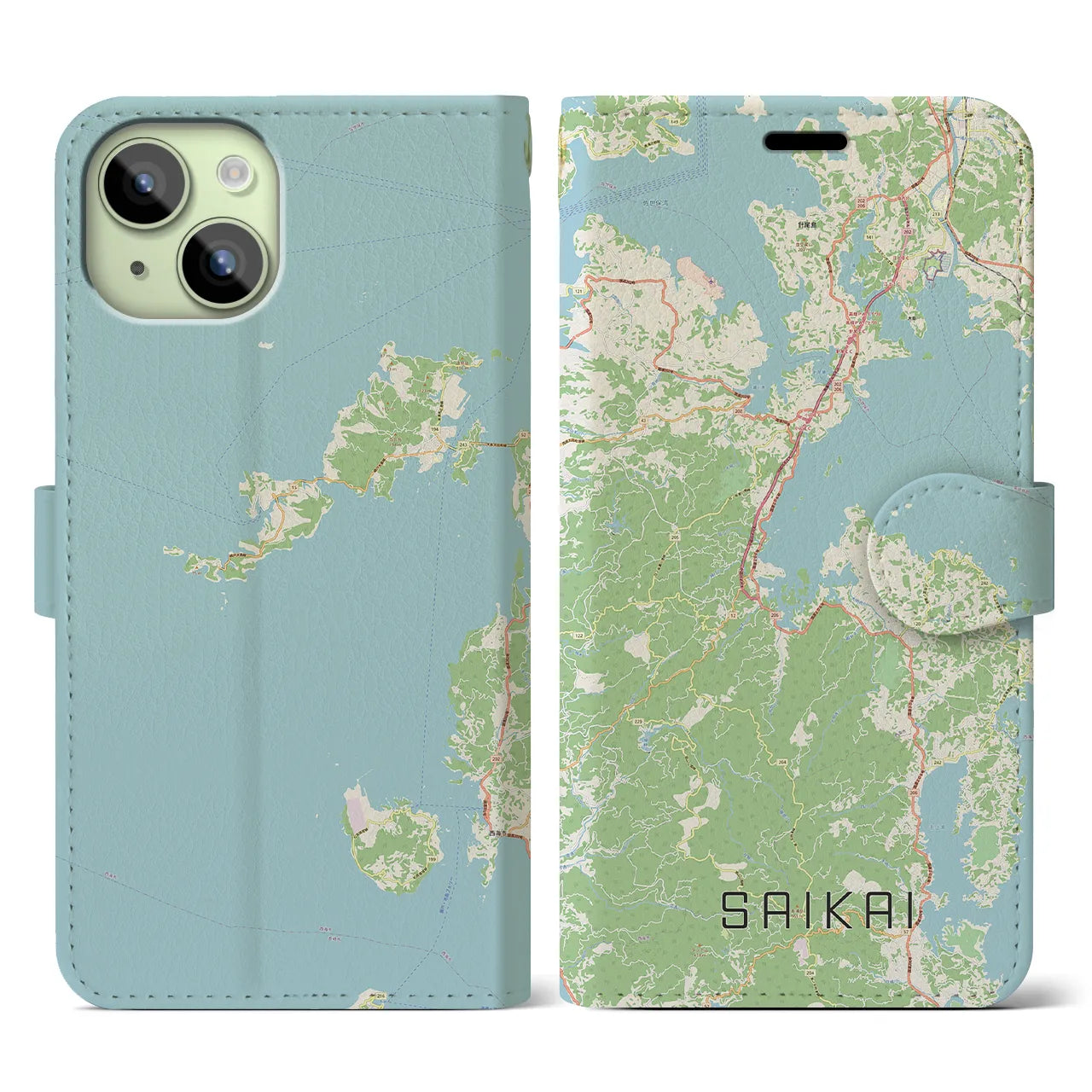 【西海(長崎県)】地図柄iPhoneケース(手帳タイプ)ナチュラル・iPhone 15 用