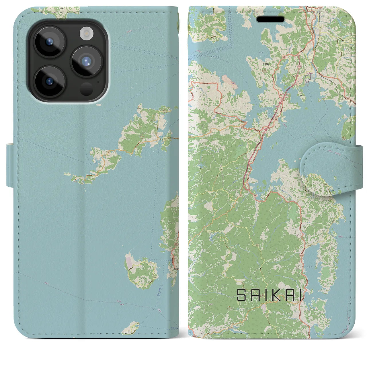 【西海(長崎県)】地図柄iPhoneケース(手帳タイプ)ナチュラル・iPhone 15 Pro Max 用