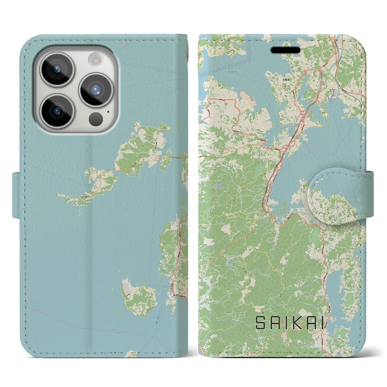 【西海(長崎県)】地図柄iPhoneケース(手帳タイプ)ナチュラル・iPhone 15 Pro 用