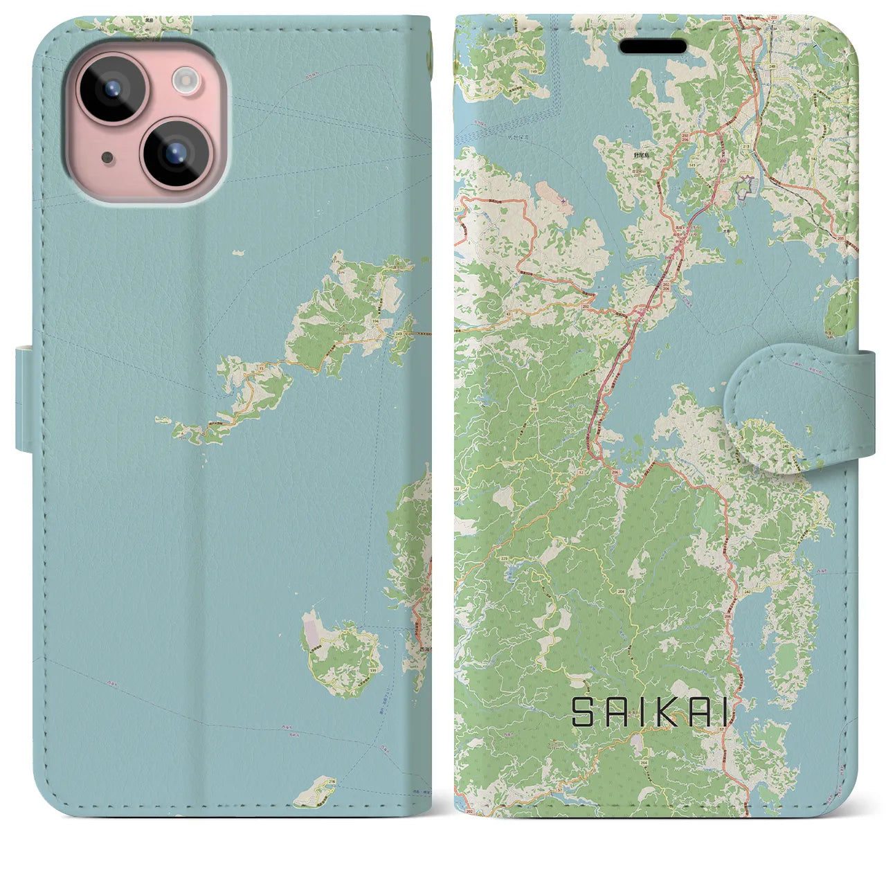 【西海(長崎県)】地図柄iPhoneケース(手帳タイプ)ナチュラル・iPhone 15 Plus 用