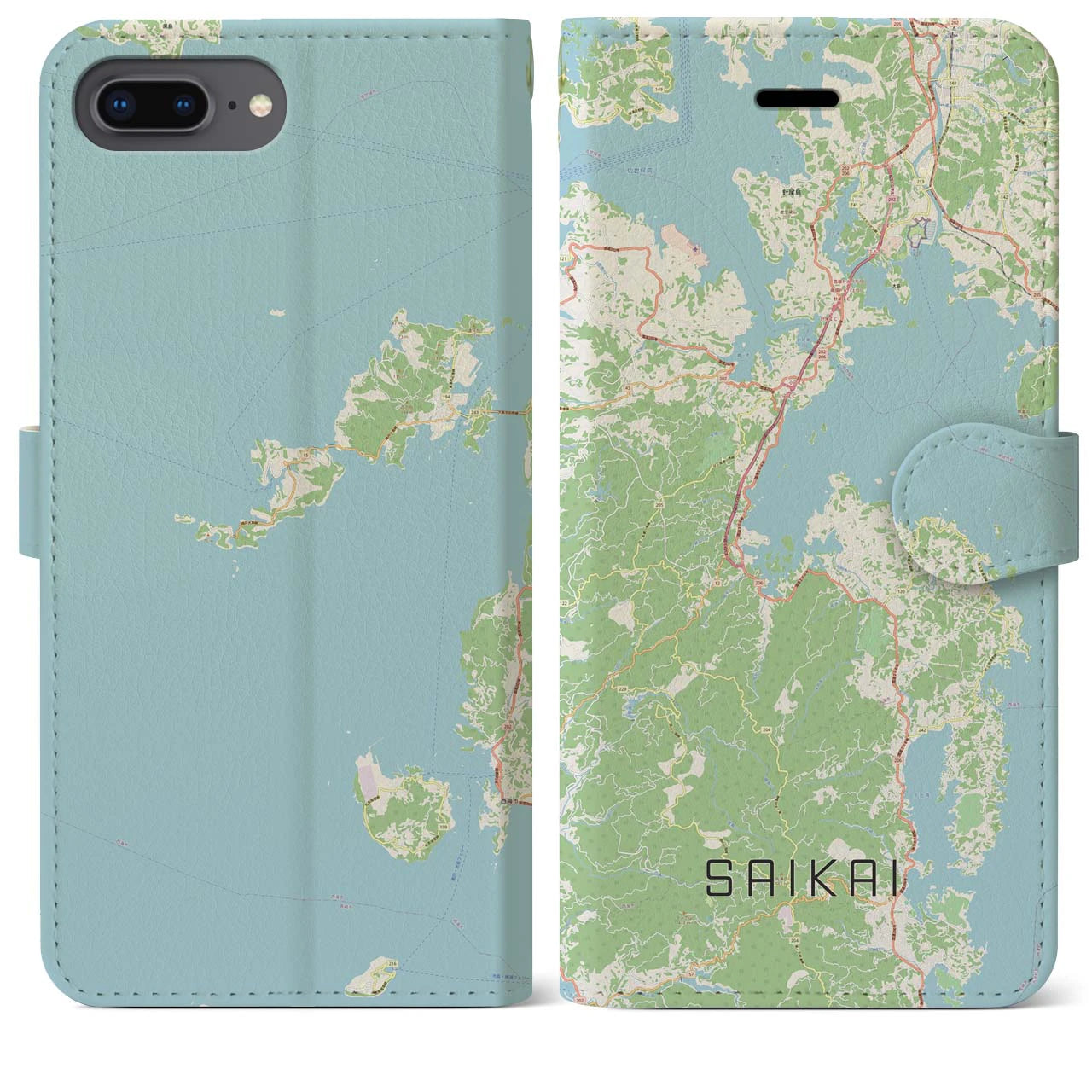 【西海(長崎県)】地図柄iPhoneケース(手帳タイプ)ナチュラル・iPhone 8Plus /7Plus / 6sPlus / 6Plus 用