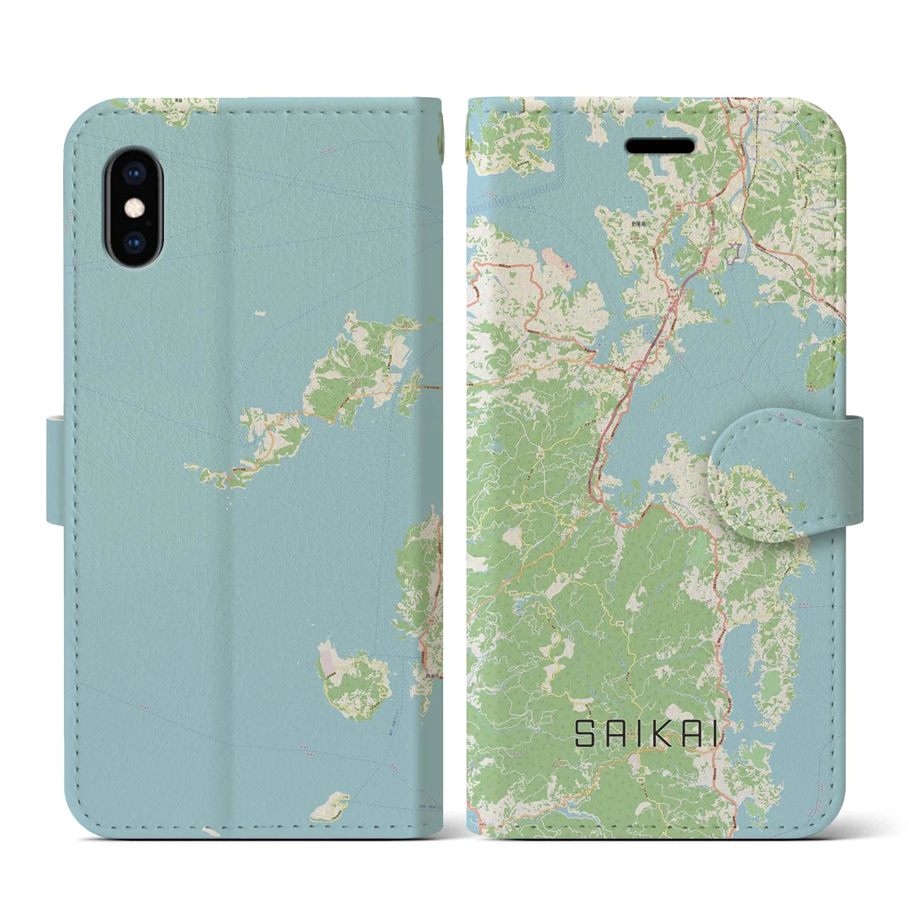 【西海(長崎県)】地図柄iPhoneケース(手帳タイプ)ナチュラル・iPhone XS / X 用